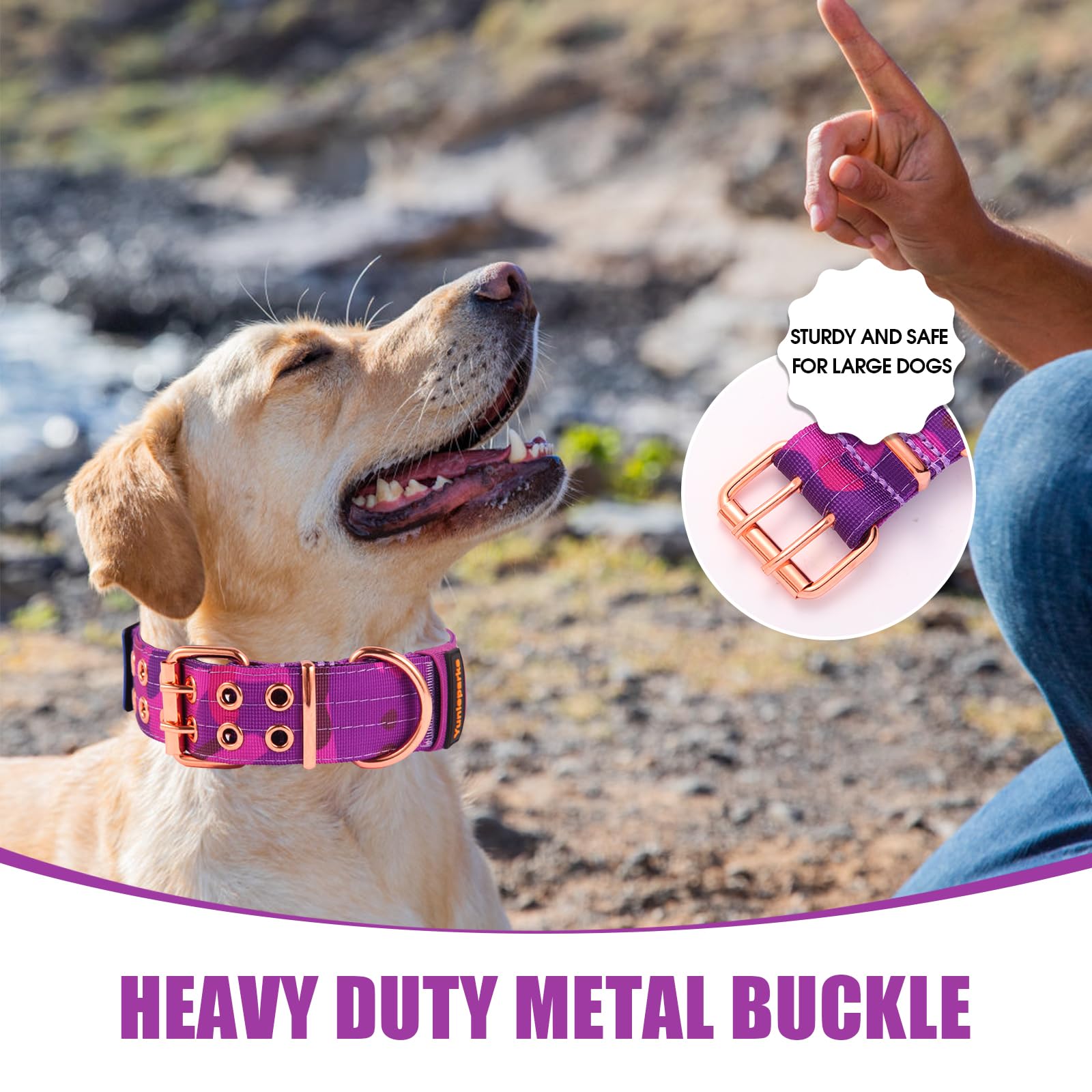 Yunleparks Heavy Duty Tactical Dog Collar With Neoprene Padded And Metal Buckle, Reflective Nylon For Medium To Large Dogs(Purpl