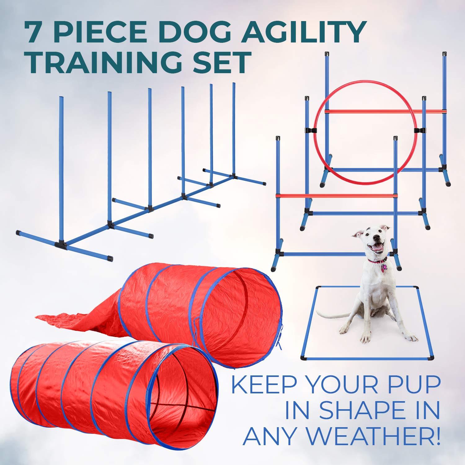 Cheering Pet Complete Deluxe Dog Agility Training Equipment Set, 2 Dog Jumps, Hurdle, Blind, 2 Standard Tunnels And 6 Weave Poles, Premium Dog Agility Exercise Set With Easy Fun Carry Case…