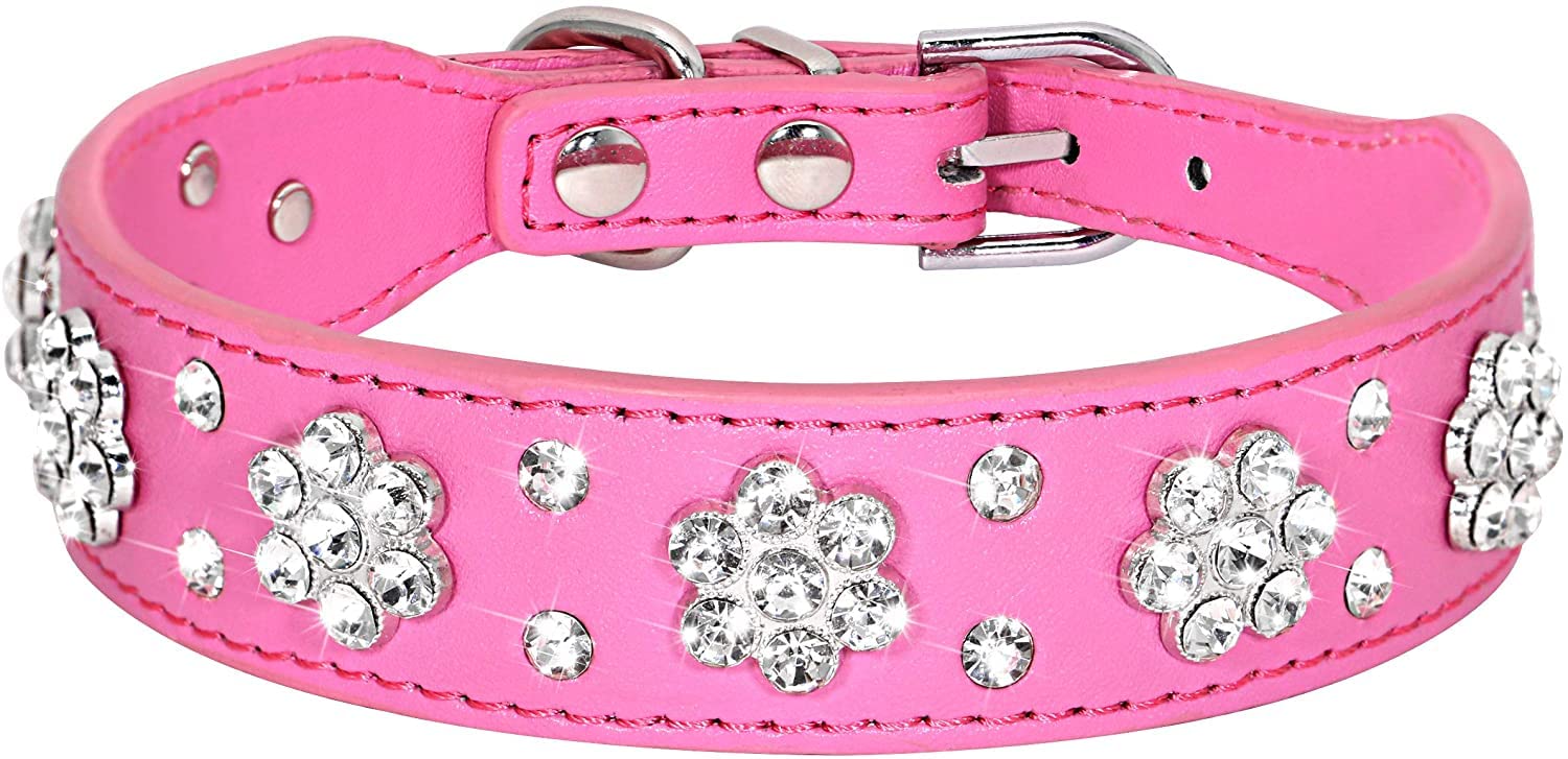 Serijoars Rhinestone Dog Collar - Cute Flower Bling Pu Leather Collar For Cats And Dogs, Adjustable Sizes Xs Small Medium (M, Ho