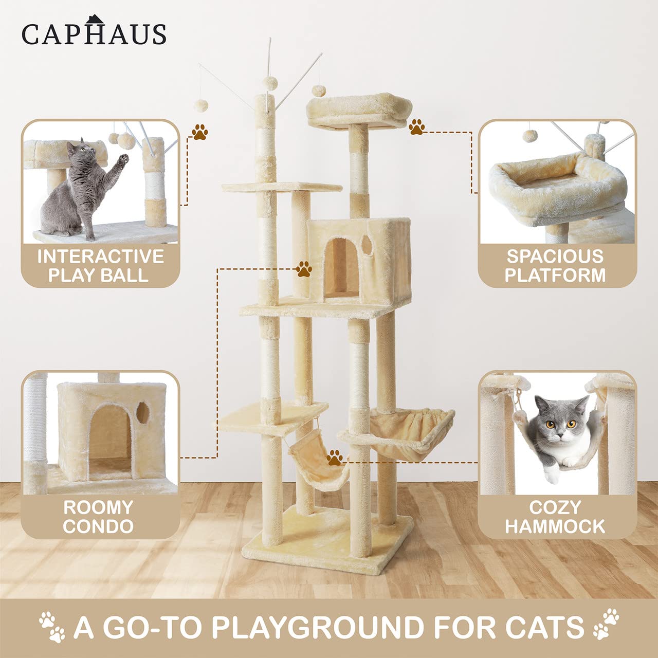 CAPHAUS Tall Cat Tree - 70-Inch Modern Play Tower in Smoky Grey with Scratching Posts, Hammock, Cat Cave Condo, Model CH PHFC-BH672001