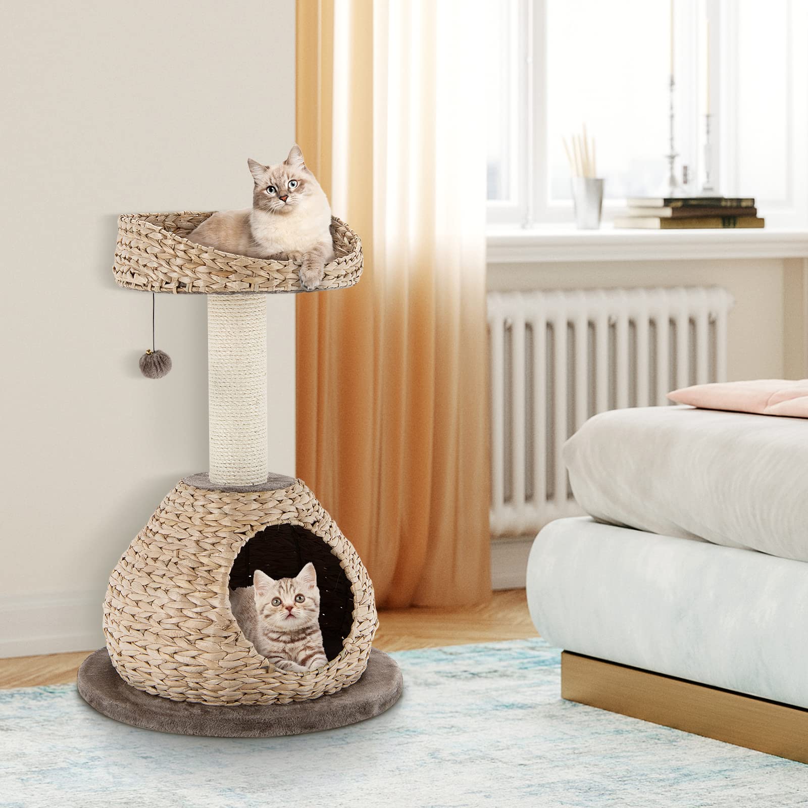 Tangkula Modern Cat Tree For Indoor Cats, Small/Tall Cat Tree With Natural Sisal Scratching Post, Hand-Made Wicker Cat Condo & Top Perch, Funny Hanging Toy Ball, Cute Cat Tree Tower For Large Cats