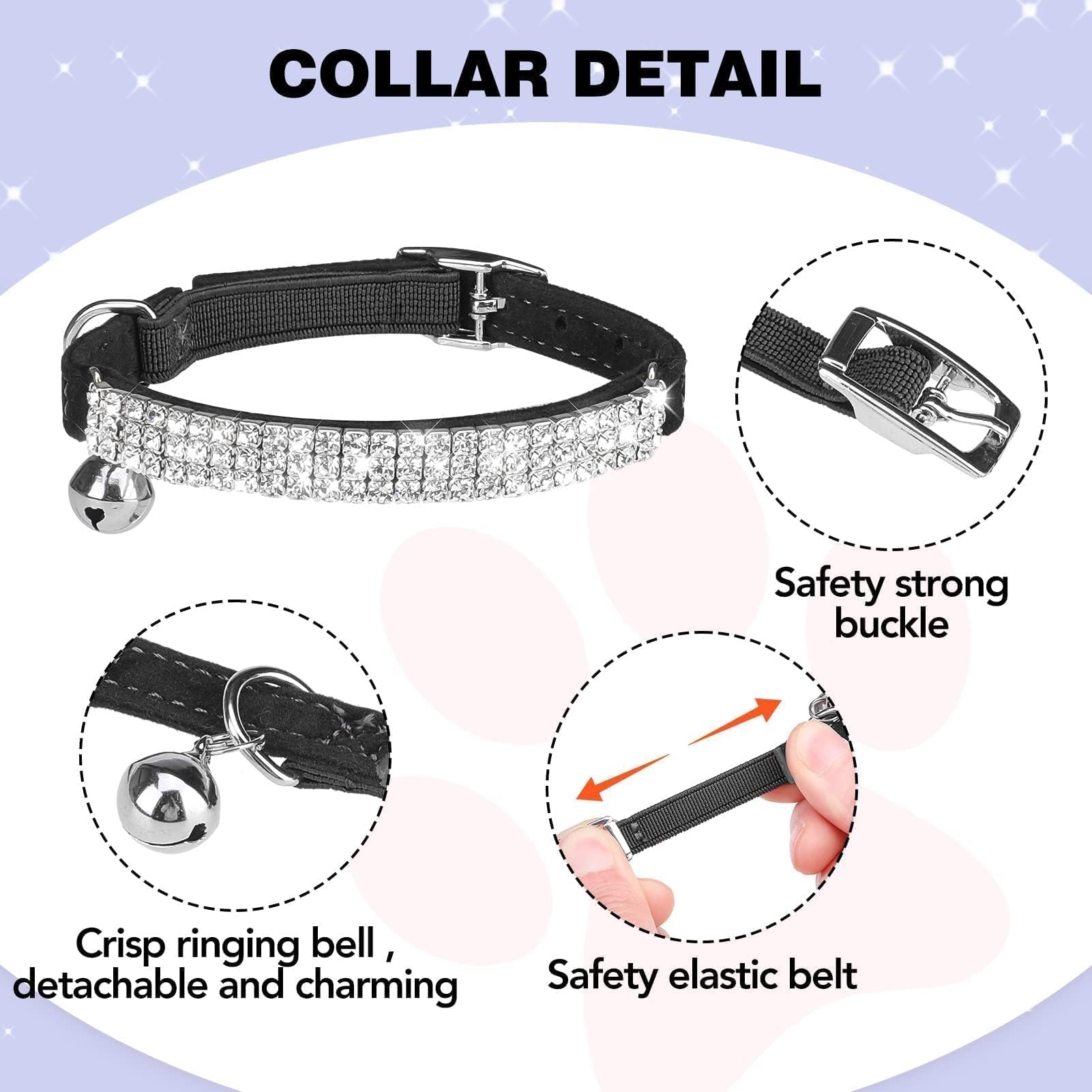 Bingpet Diamond Cat Collar, Adjustable Soft Velvet Leather Safe Kitten Collar With Shiny Rhinestones And Bells, Girl Boy Bling Stylish Cat Collars With Safety Elastic For Small Medium Cats,Black