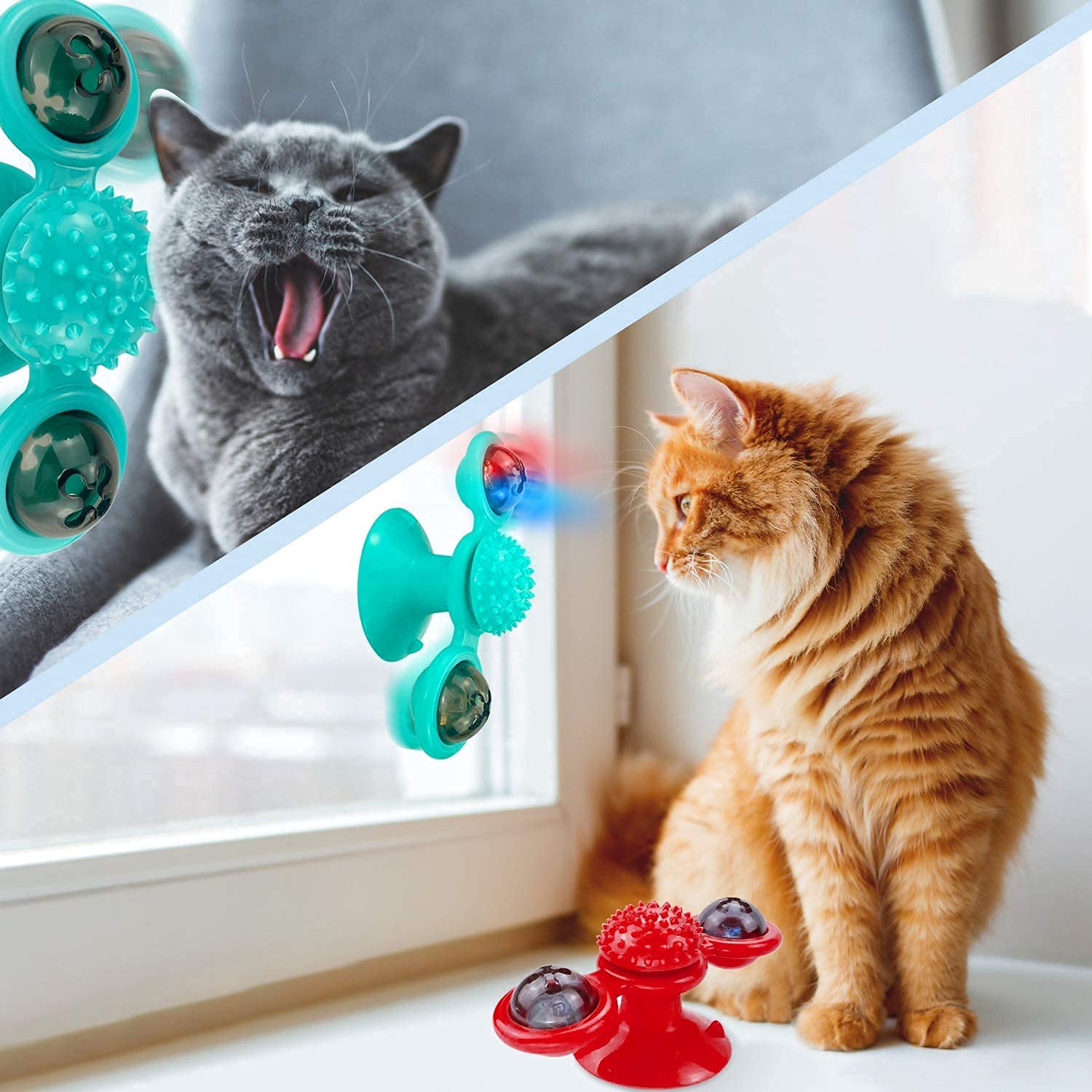 Krupanidhi Cat Windmill Toy Turntable Teasing Toys With Two Flash Lights Wall Mount Cat Spinner With Rotatable Toy Ball Toothbru