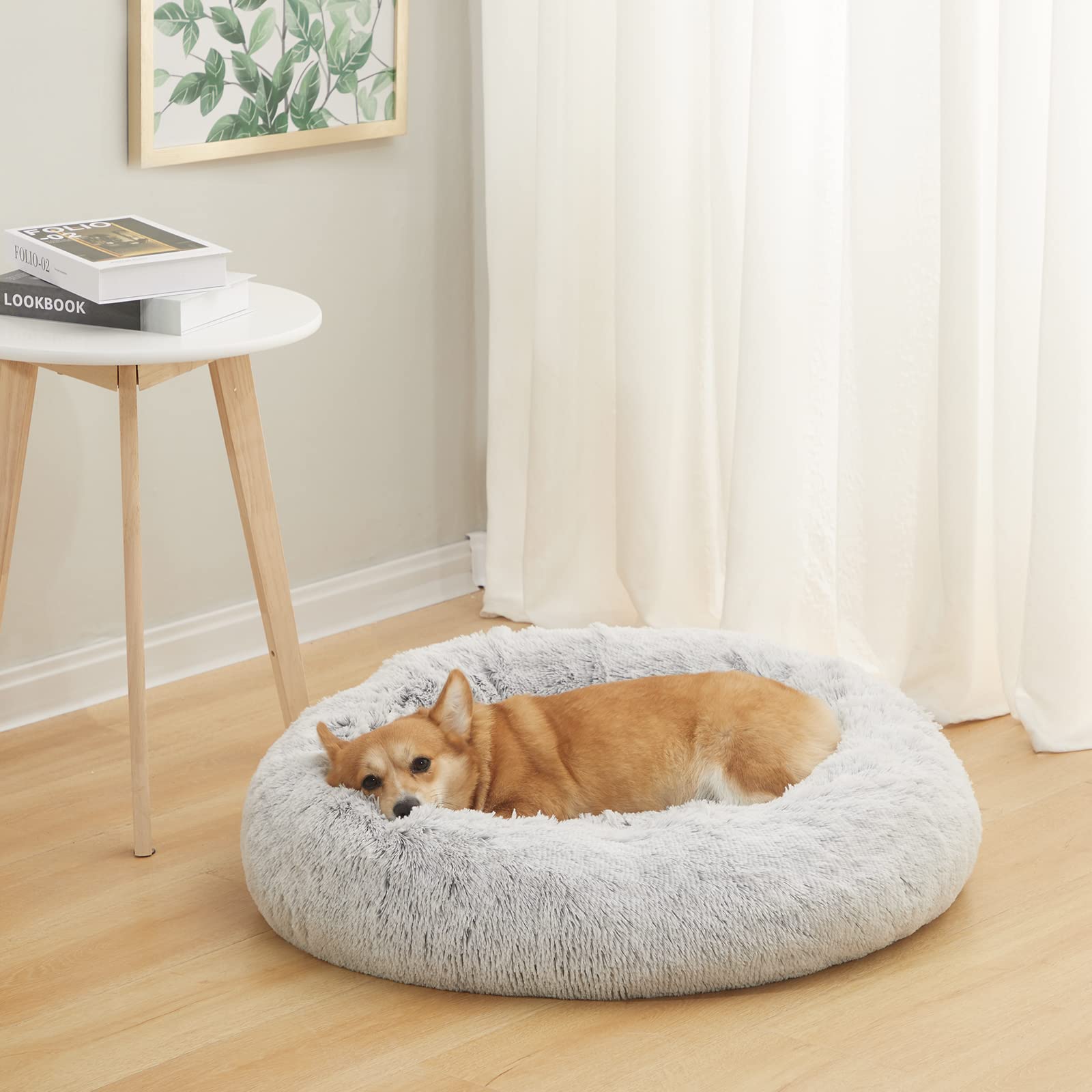 Bedfolks Calming Donut Dog Bed, 30" Round, Light Grey, Plush Faux Fur, Anti-Anxiety, Machine Washable for Medium Dogs