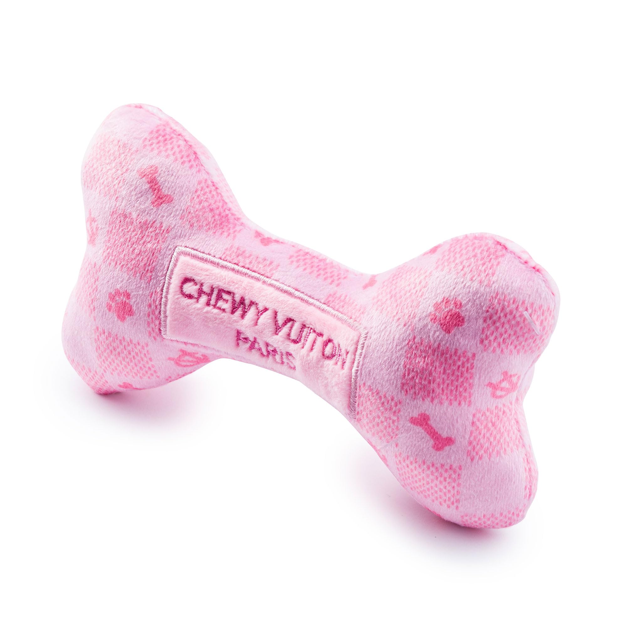 Haute Diggity Dog Pink Checker Chewy Vuiton Bone, Plush Designer Dog Toys with Interactive Squeaker, Stimulating Pet Enrichment,