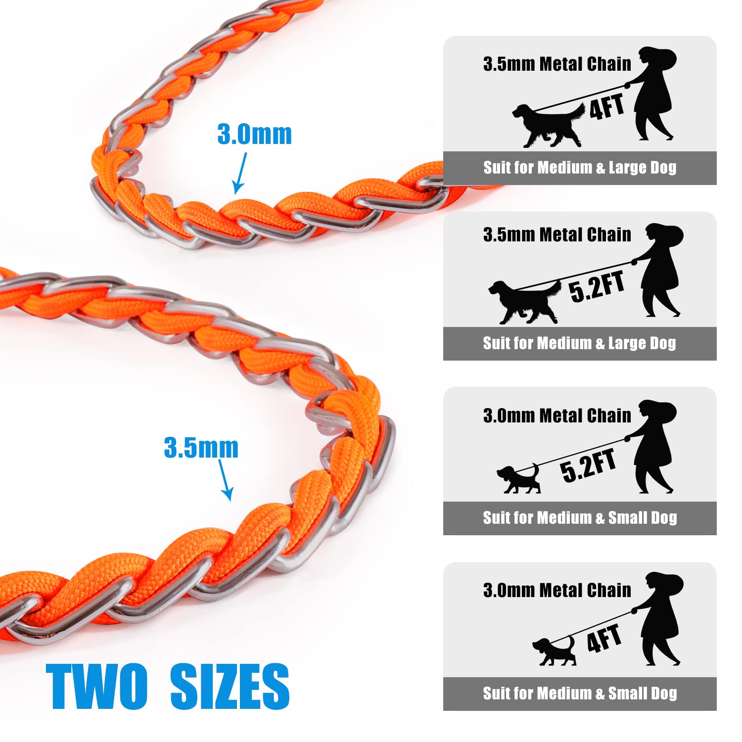 S-ETOVUS Chew Proof Metal Dog Leash - 5FT Chain Link, Anti-Bite, Soft Padded Handle, Orange for Medium & Large Dogs