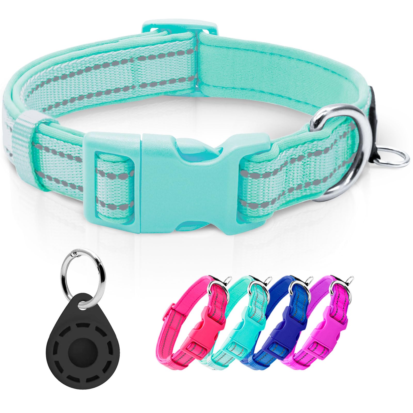 Azuza Reflective Dog Collar With Airtag Holder, Soft Neoprene Padded Pet Collar With Id Tag Ring, Adjustable For Large Dogs,Teal