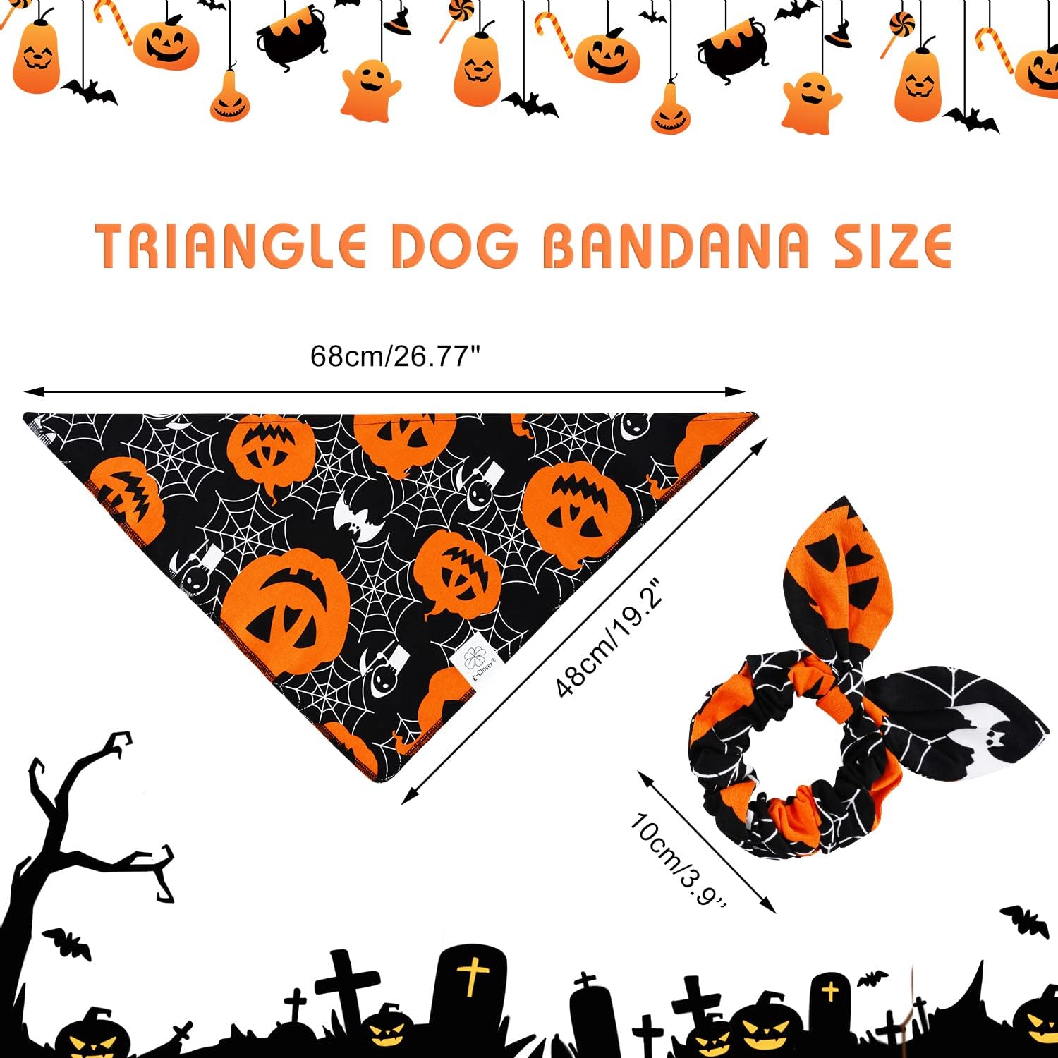 E-Clover Halloween Dog Bandanas-Pumpkin Dog Bandana Matching Scrunchie Triangle Pet Kerchief Scarf For Small Medium Large Dogs P