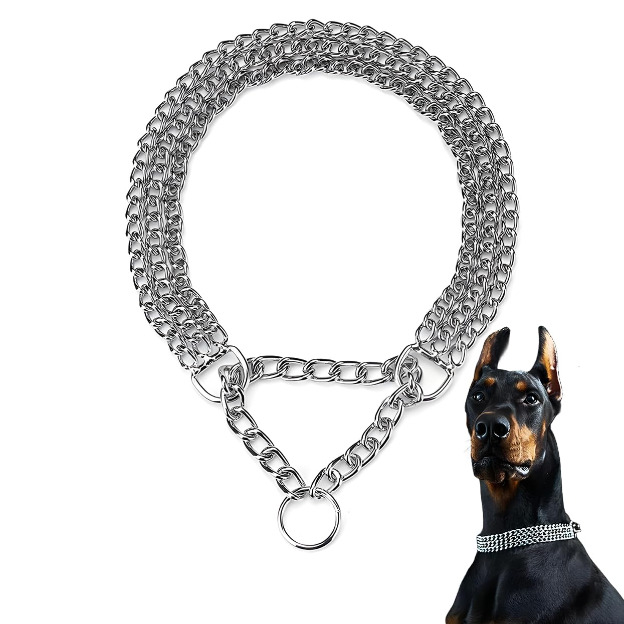 Dog Chain Collar, Heavy Duty Silver Triple Row Martingale Chain Dog Collars, Chew Proof Metal Cuban Link Dog Collar Adjustable F