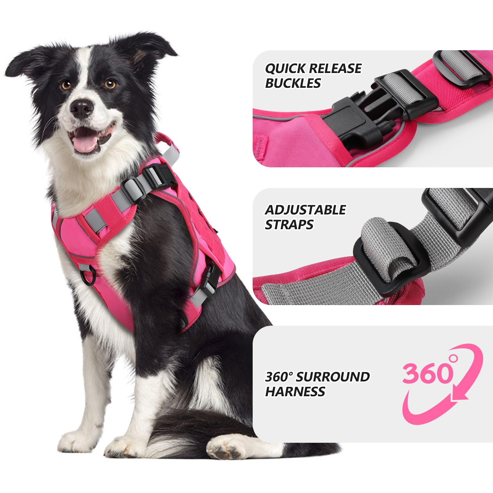 Wingoin Pink Tactical Dog Harness Vest For Large Dogs No Pull Adjustable Reflective Military Pet Harness With Handle For Golden Retriever, Doberman Pinscher, Rottweiler, Great Dane Service Dog (Xl)