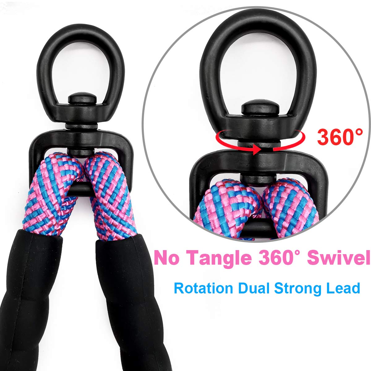 Mycicy Double Dog Leash Coupler - 33 No Tangle 360° Swivel Splitter for Large, Medium & Small Dogs - Pinkblue