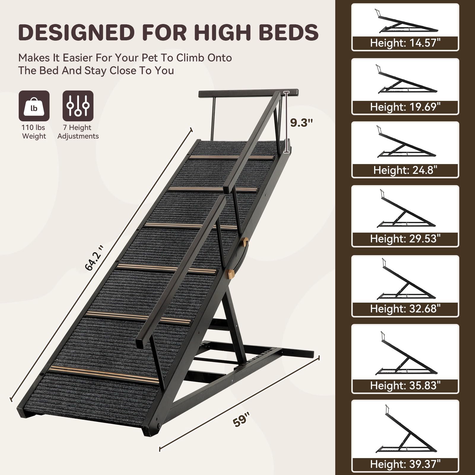 PANTAZO Pet Ramp Folding Portable Wooden Dog & Cat Ramps for Couch or Bed, Including Non Slip Mat & Safety Side Rails, 64.2 Inch
