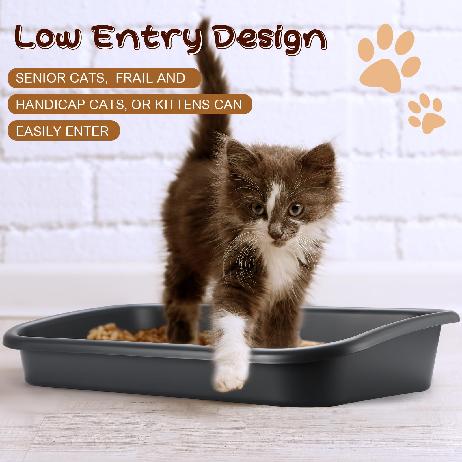 Uiifan 3 Pcs Low Entry Senior Cat Litter Box Large Size Pet Low Entry Open Top Litter Box For Senior Kitten Frail Handicap Disabled Older Elderly Cats, Easy To Clean(Dark Gray)