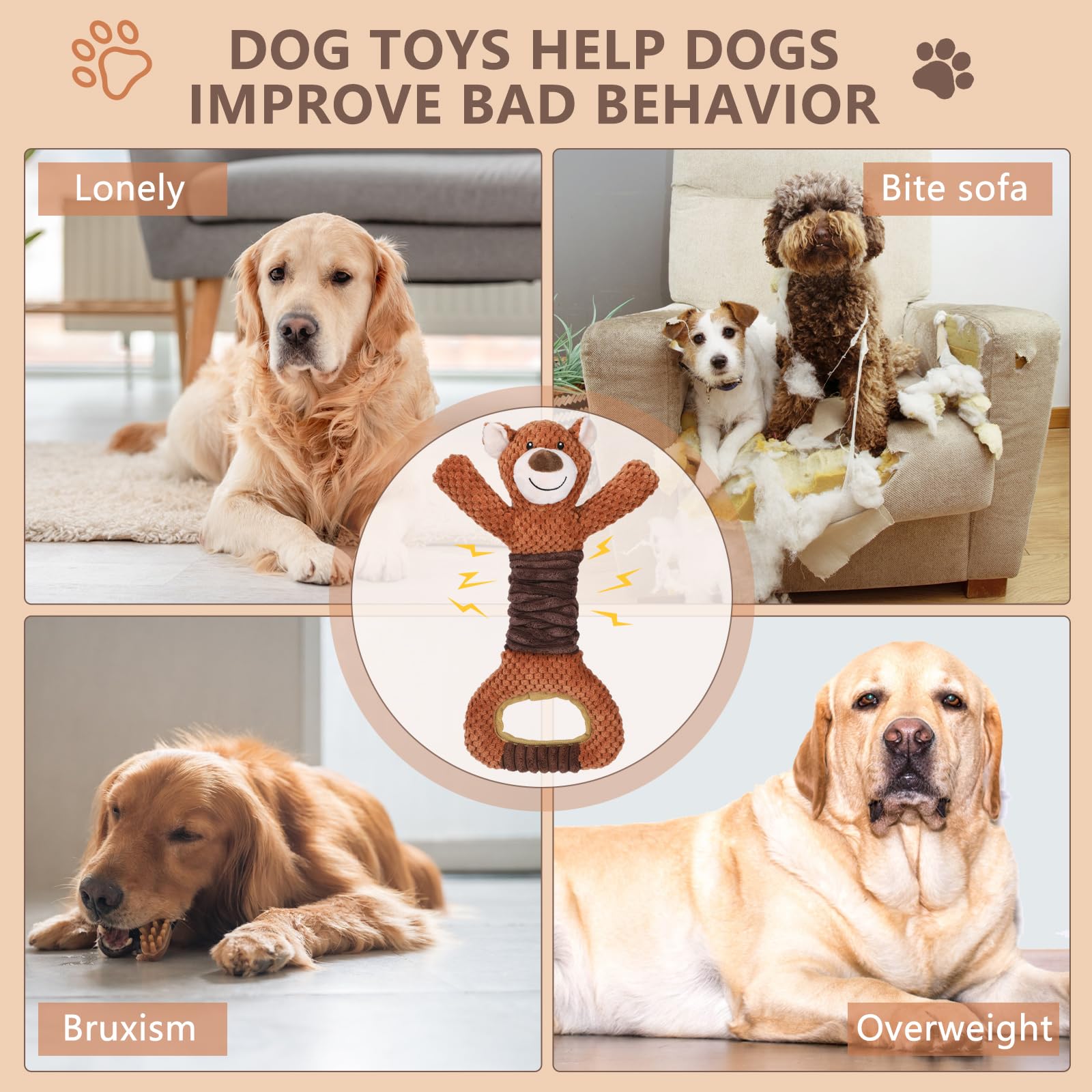 Letsmeet Squeaky Dog Toys - Plush Tug Of War With Crinkle Paper, Interactive Pull Toy For Puppies To Large Dogs