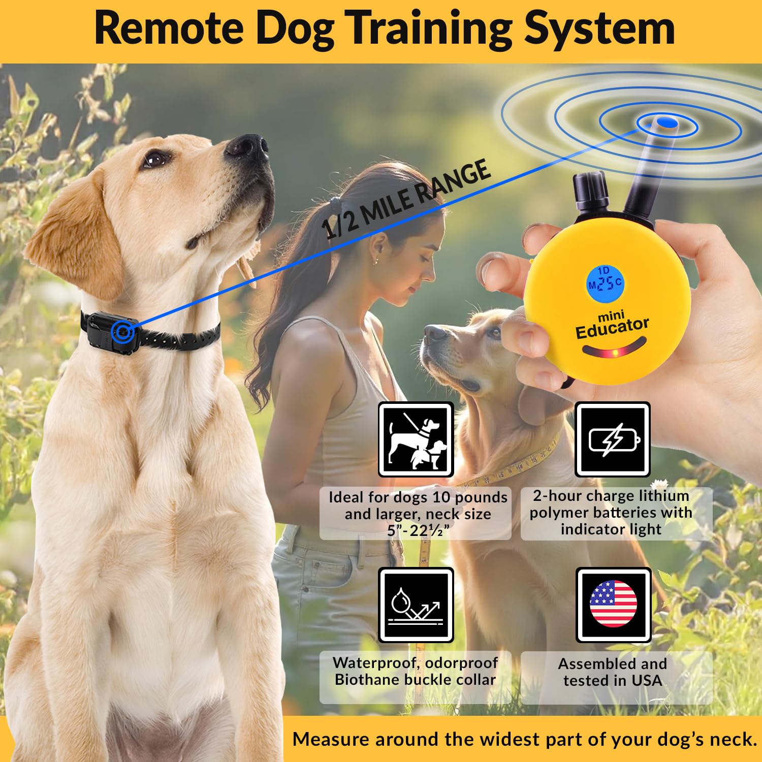 Educator 1/2 Mile Dog Training Collar with Two Remote Transmitters, Safe Humane Vibration, Tone Stimulation, Waterproof, Odorpro