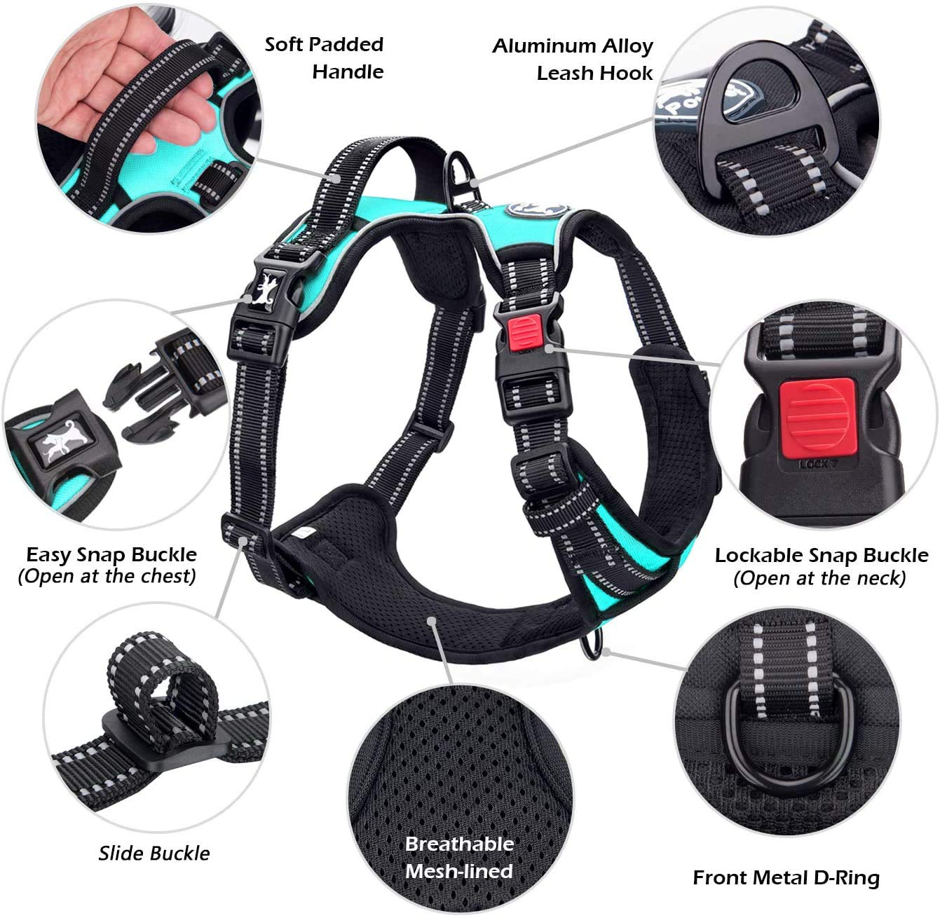 Poypet Dog Harness No Pull, Reflective Adjustable No Choke Pet Vest With Front & Back Clips, Soft Padded And Control Training Handle For Large Dogs(Mint Blue,Xl)
