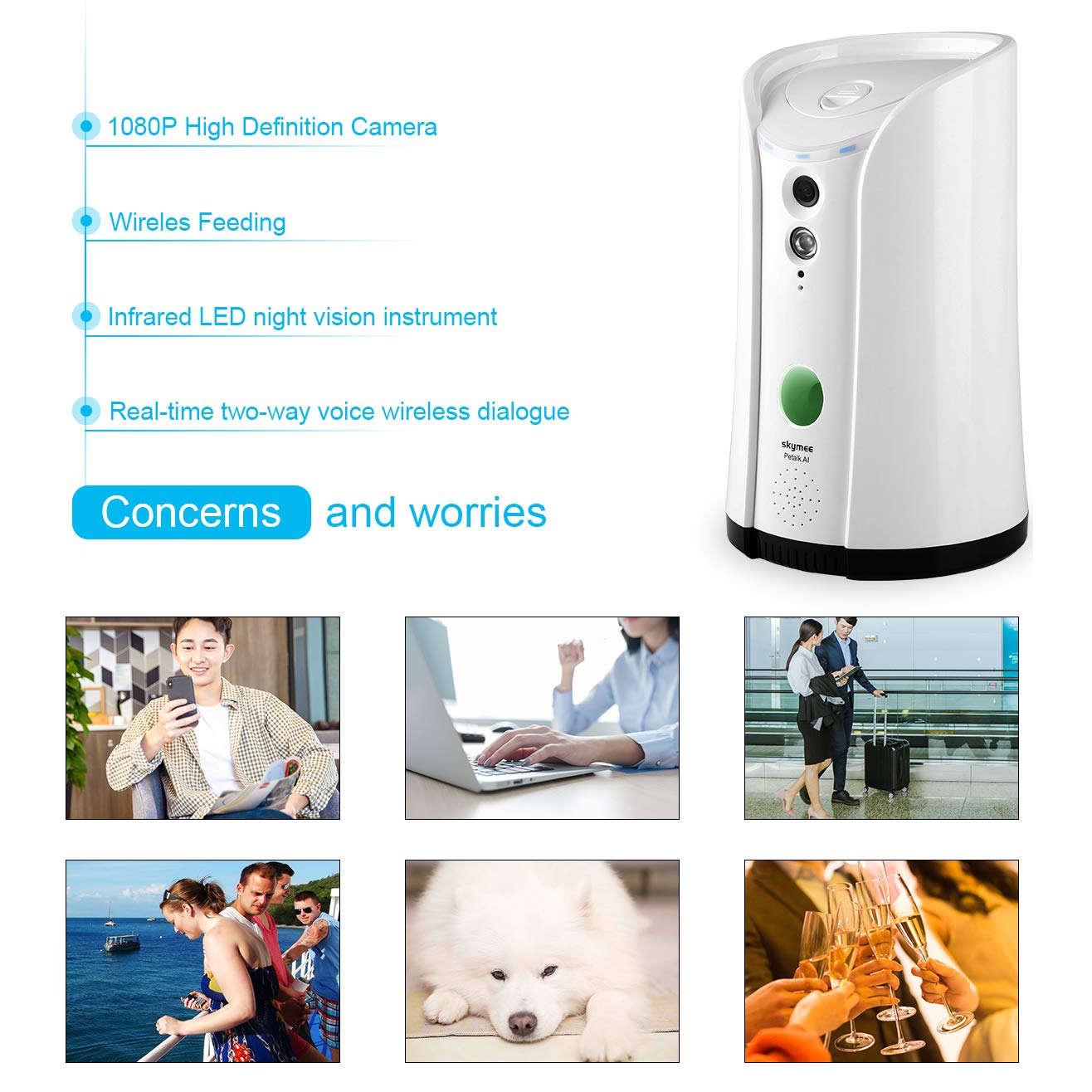 SKYMEE Dog Camera Treat Dispenser - WiFi HD Pet Camera with Two-Way Audio, Night Vision, 1 Count, White