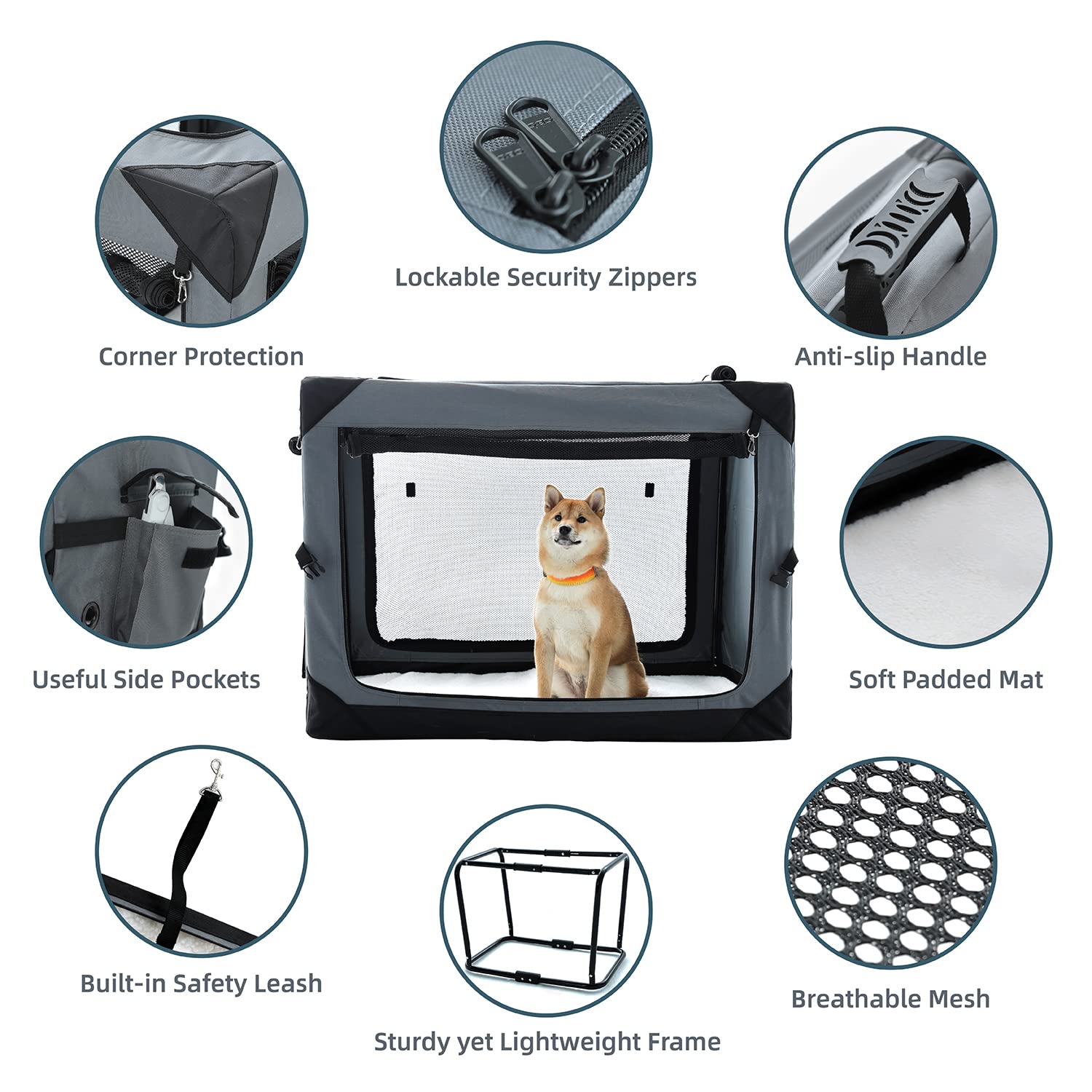 Pettycare 30 Collapsible Dog Crate for Medium Dogs - 4-Door Soft Kennel with Chew-Proof Mesh Windows, Grey Indoor & Outdoor Use