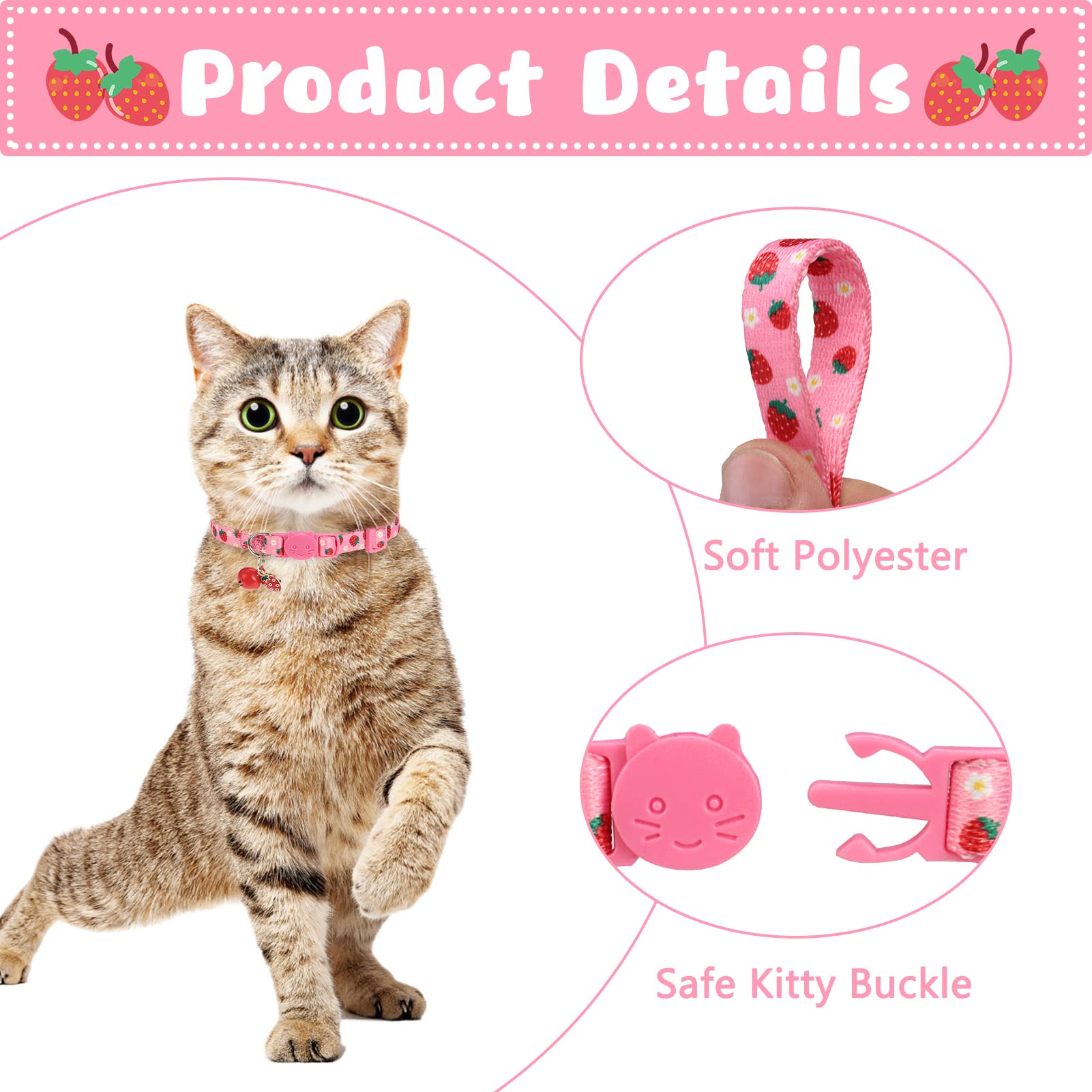 VKPETFR Breakaway Cat Collars - Adjustable 3 Pack with Bell & Cute Pendants, Polyester, Fruit Color, Ideal for Small Pets