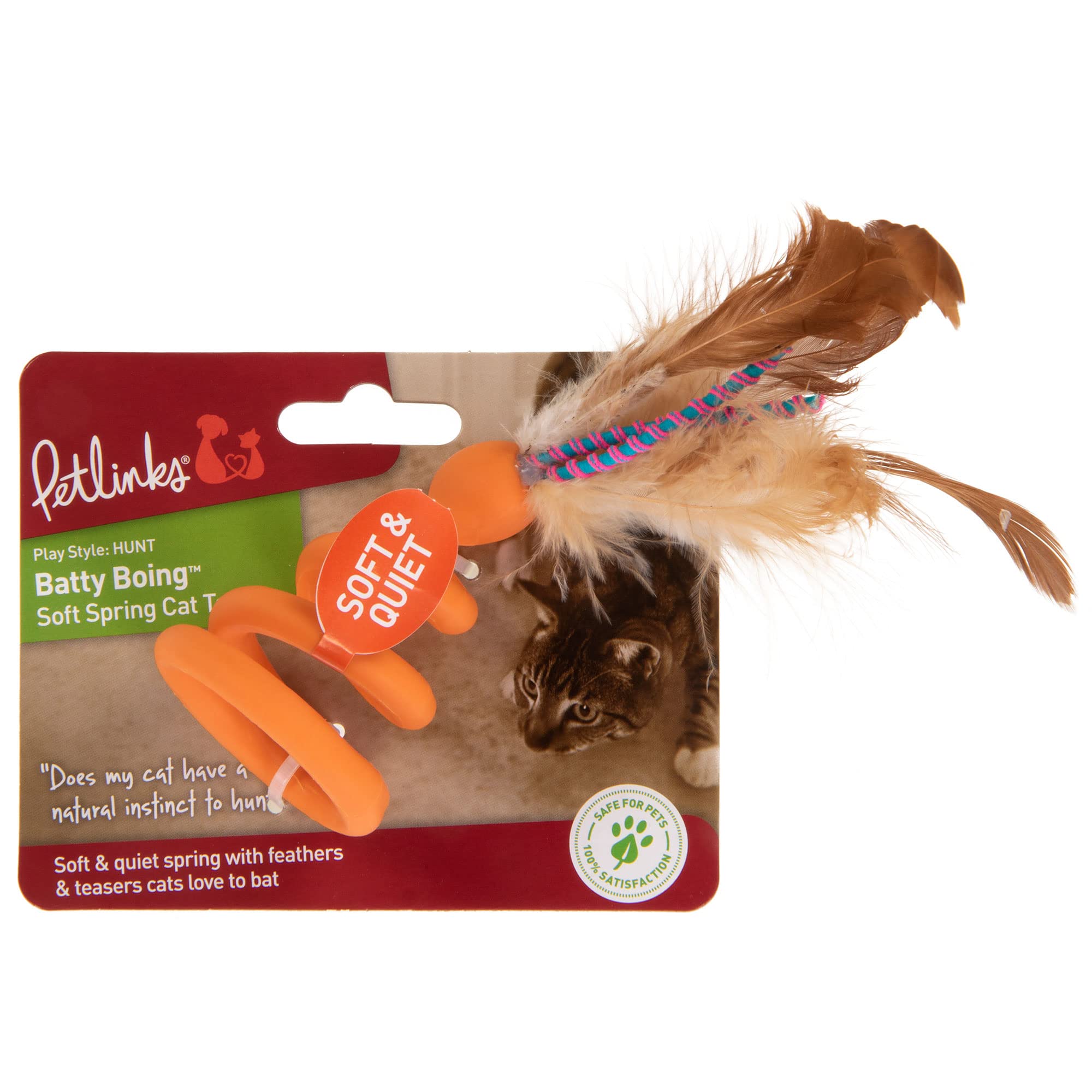 Petlinks Batty Boing Soft Spring & Feather Cat Toy - Orange, One Size