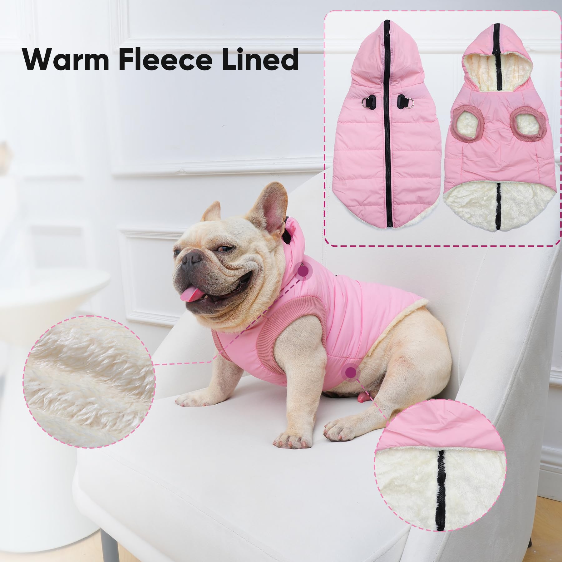 Vecomfy Fleece Lining Dog Hoodie With Harness Built In,Extra Warm Medium Dog Jacket In Winter Doggie Coats With Hooded,Light Pink Xl