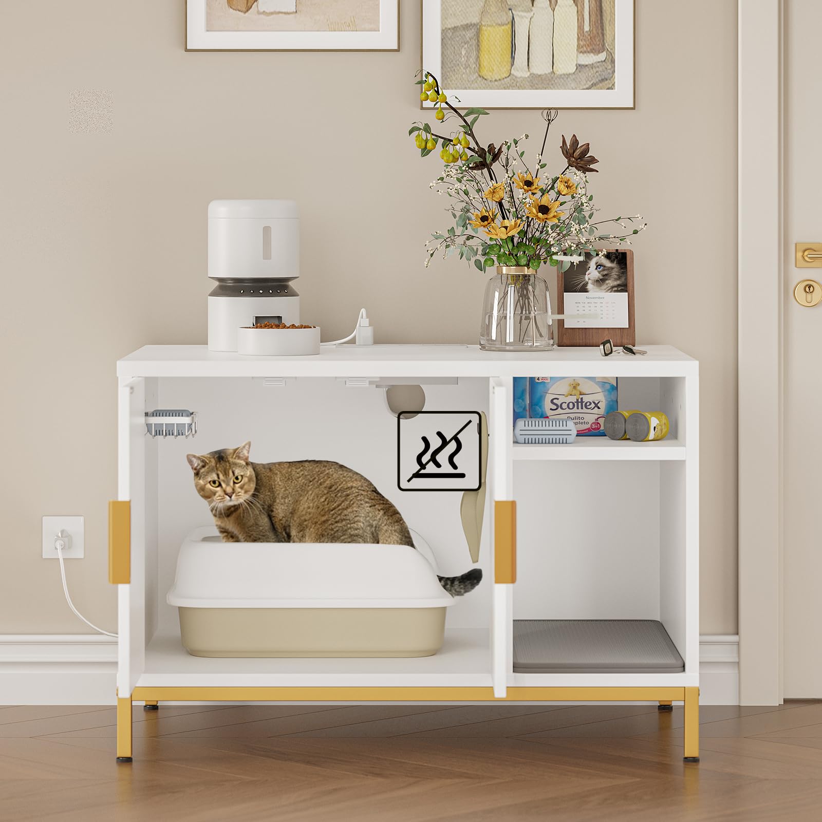 Bestier Cat Litter Box Enclosure - Glossy White & Gold, Engineered Wood, 31.5" x 19.7" x 21.8", with Power Outlets &