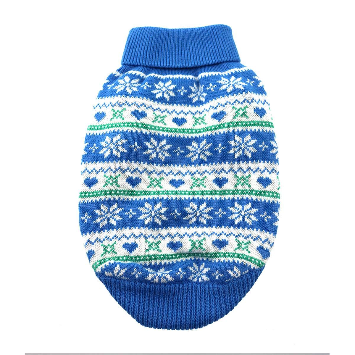 Doggie Design Combed Cotton Snowflake Hearts Dog Sweater (X-Large, Blue)