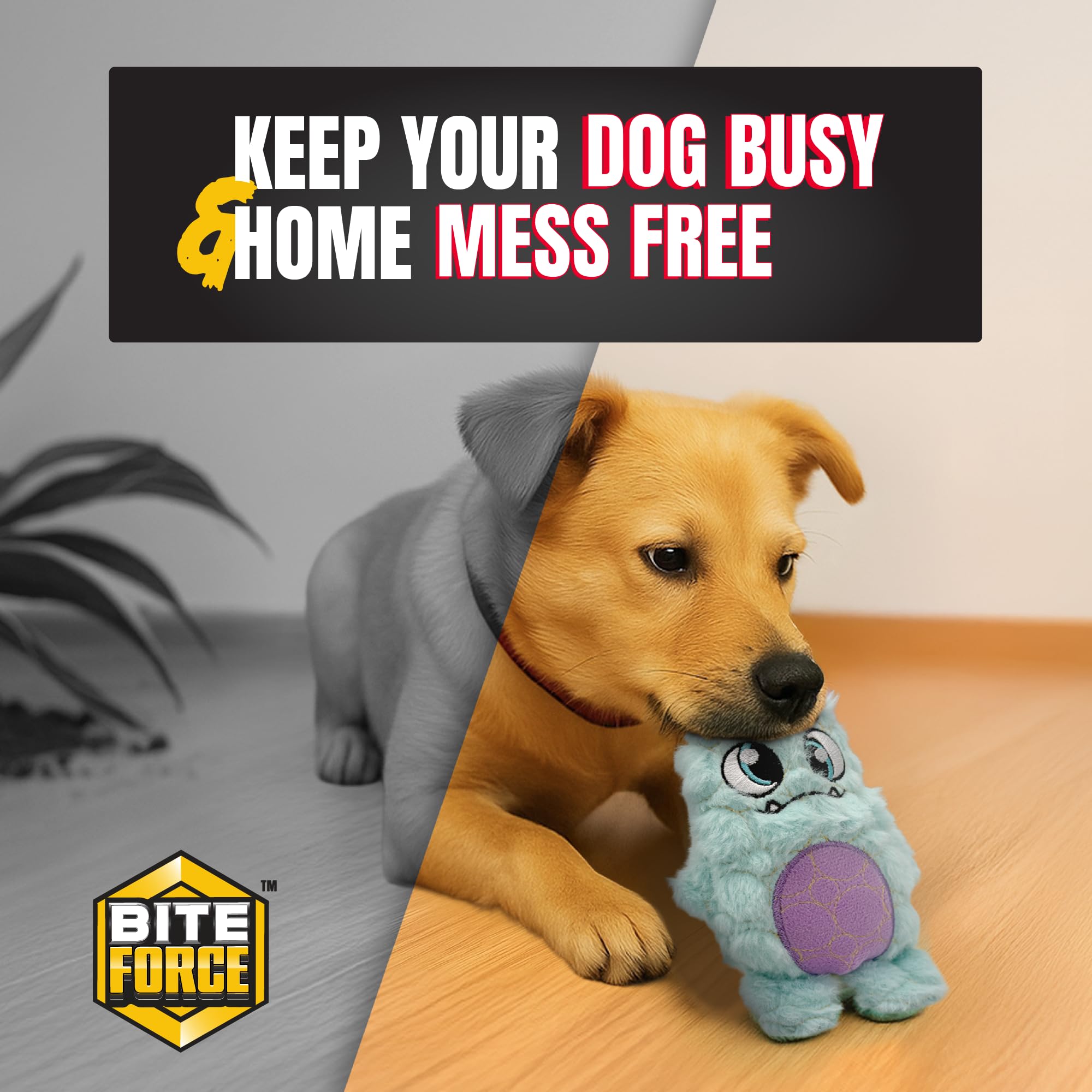 Bite Force - Durable & Strong Dog Toy Light Blue Monster with Squeaker, Kevlar-Reinforced for Aggressive Chewers.