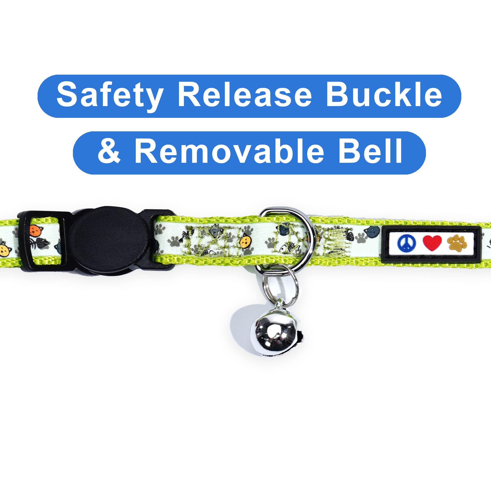 Pawtitas Glow In The Dark Cat Collar With Safety Buckle And Removable Bell Cat Collar Kitten Collar Green Cat Collar