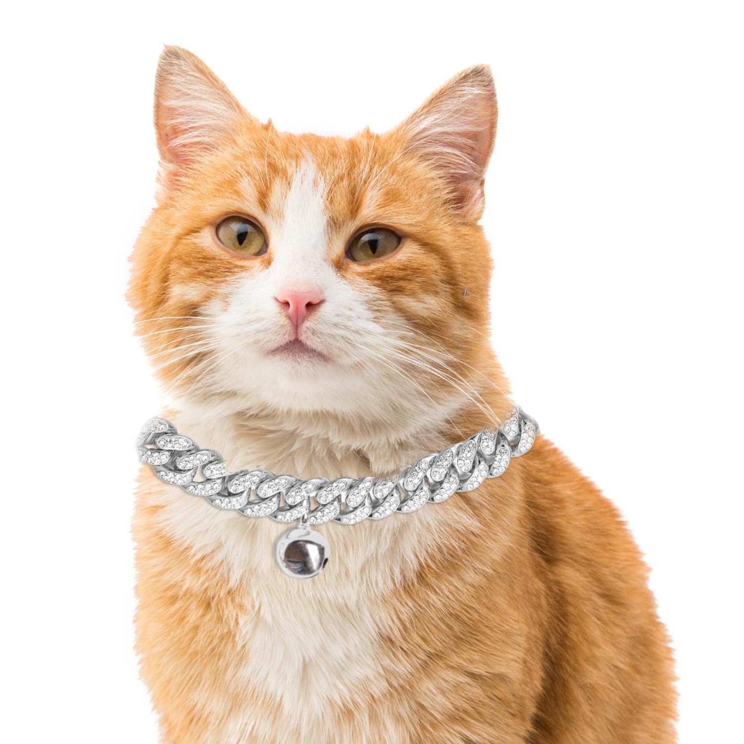 Halukakah Cat Collar - Carat - Iced Out Diamond Cuban Link Gold Chain For Cats & Kittens - Platinum Plated 9' Collar Size - Wit