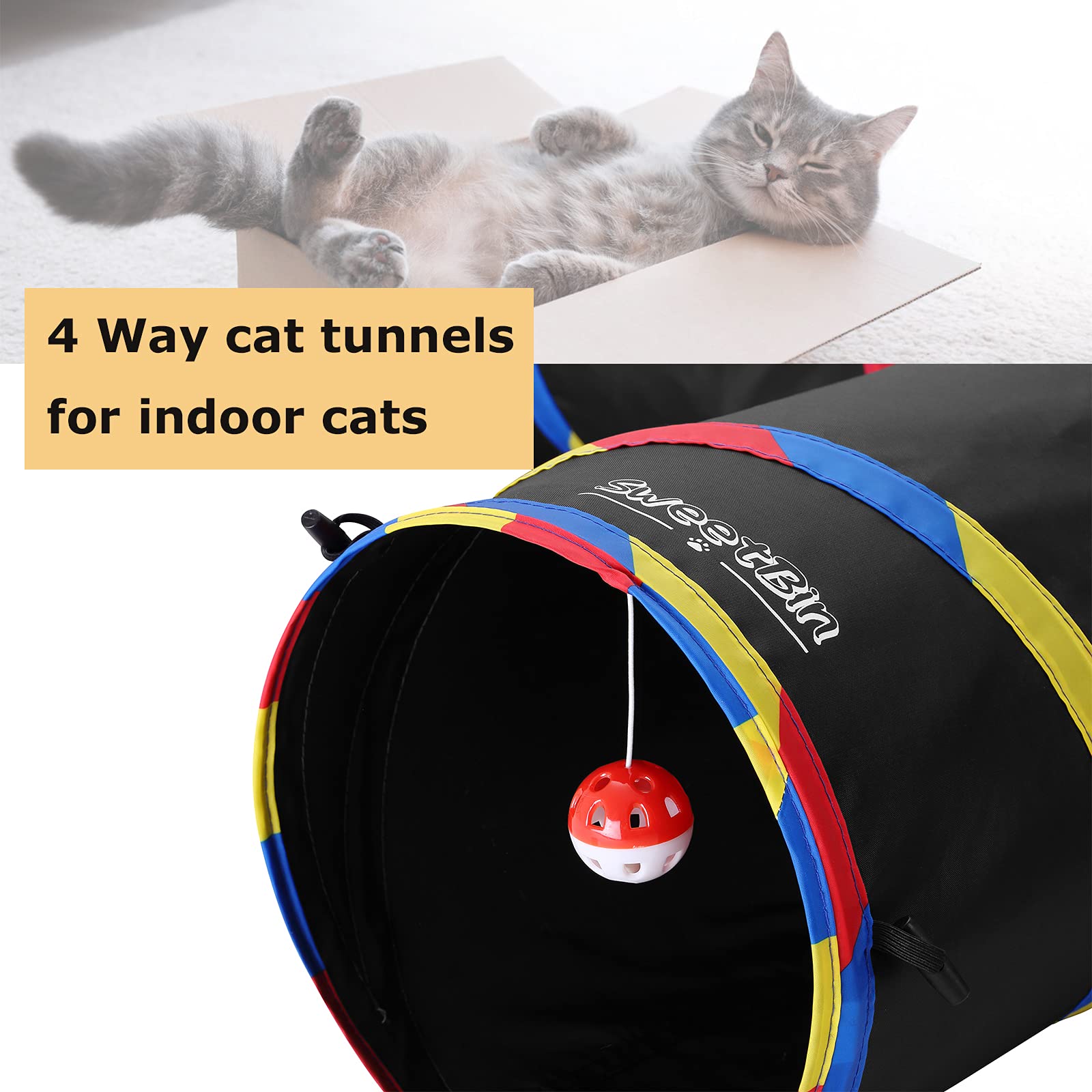 SweetBin Cat Tunnel Toy - 4 Way Large 47" Indoor Cat Tube, 10" Diameter, Black with Play Ball & Mouse