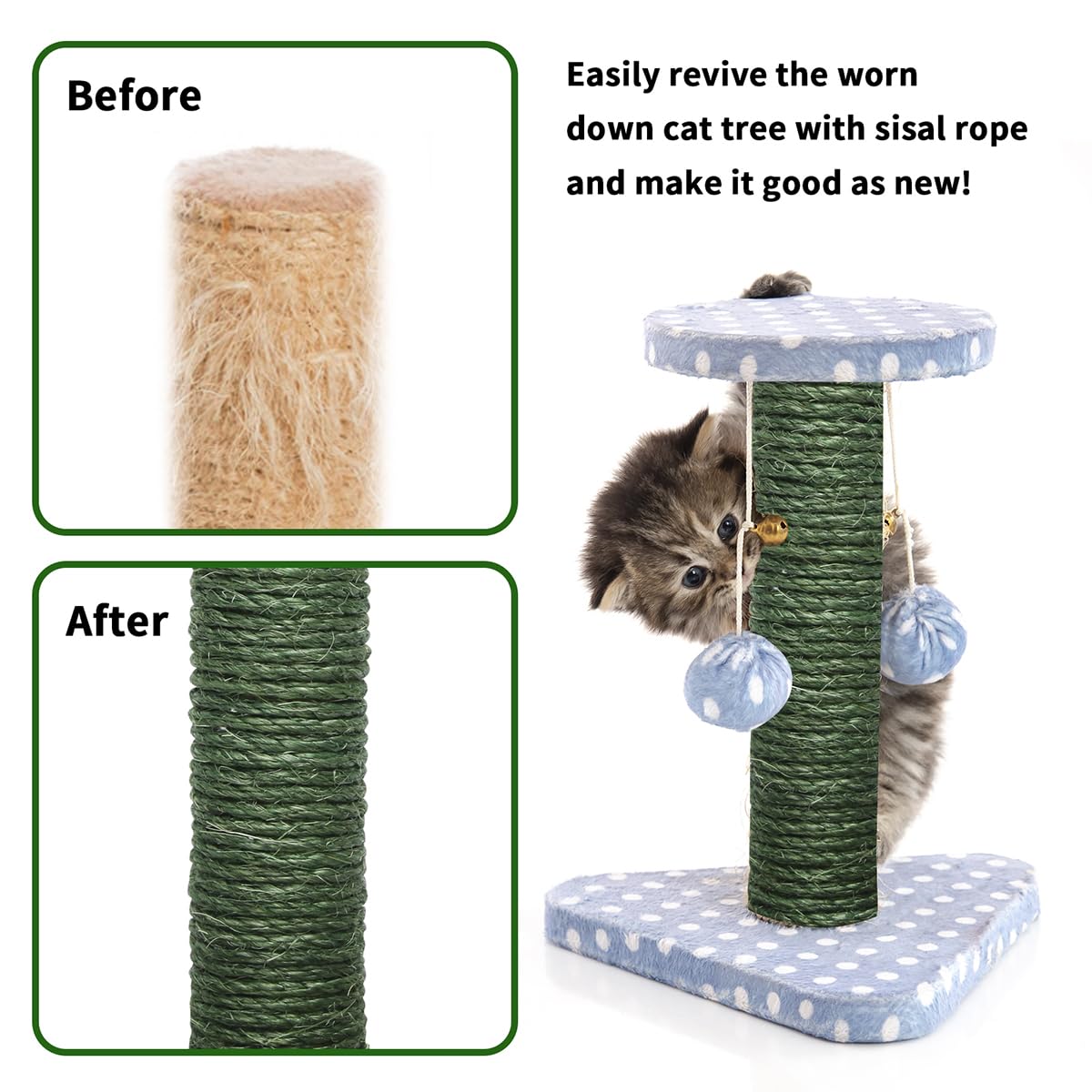 Juomid Green Sisal Rope for Cat Scratching Posts, 1/4 Inch x 164 Feet, Durable DIY Twine for Kittens and Furniture Repair