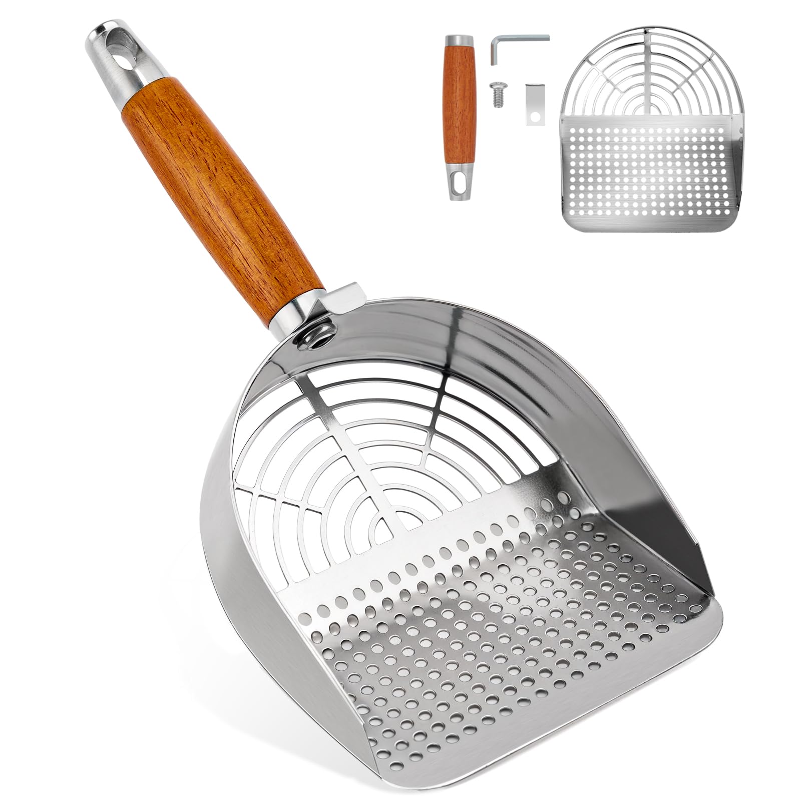 Ownpets Stainless Steel Cat Litter Scoop With Stand - Durable Wood Handle, Double-Wide Holes, Quick-Filter Design, Easy To Clean