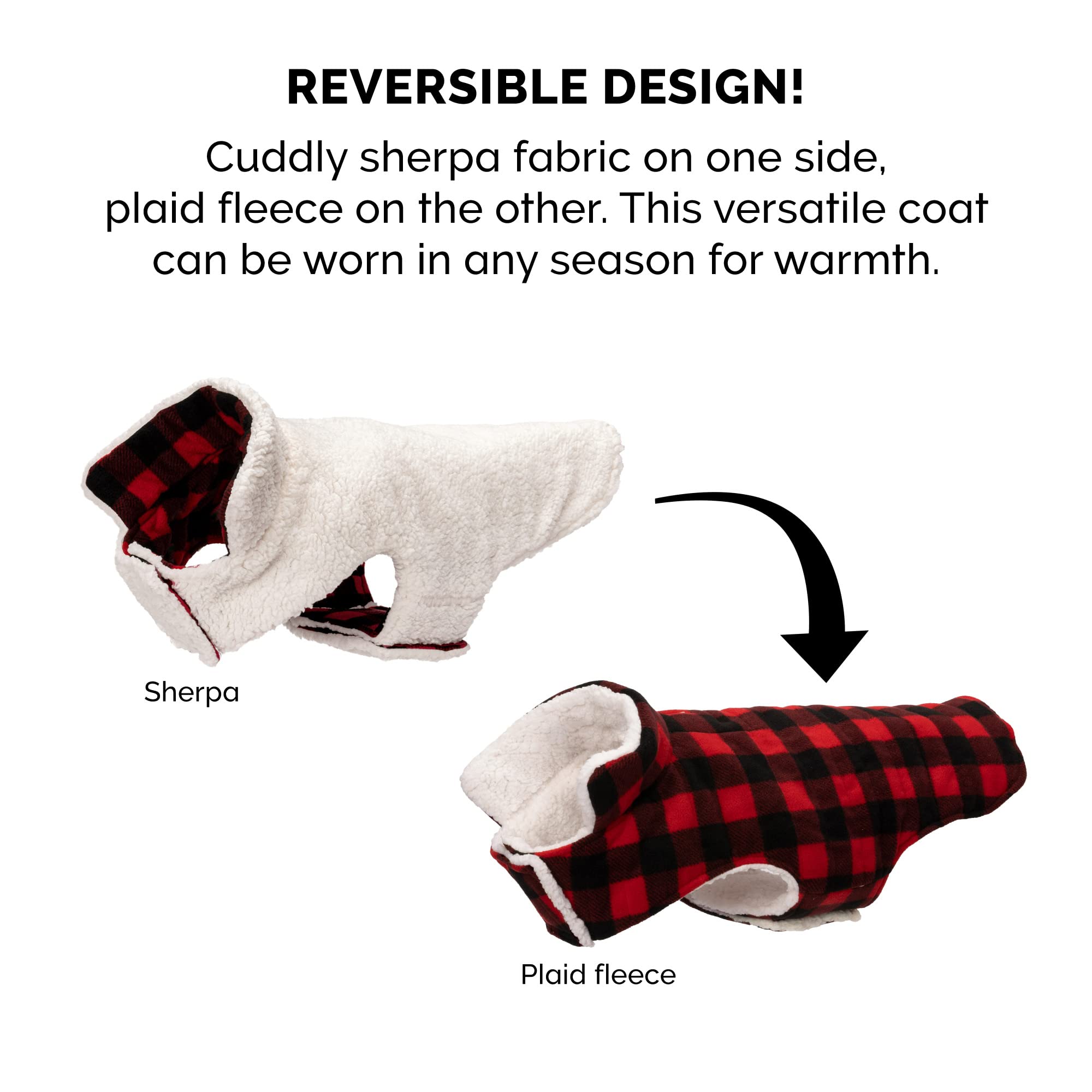 Furhaven Reversible Large Dog Coat, Washable & Insulating W/ Leash Access - Sherpa & Plaid Fleece Flex-Fit Jacket - Cream/Red, Large