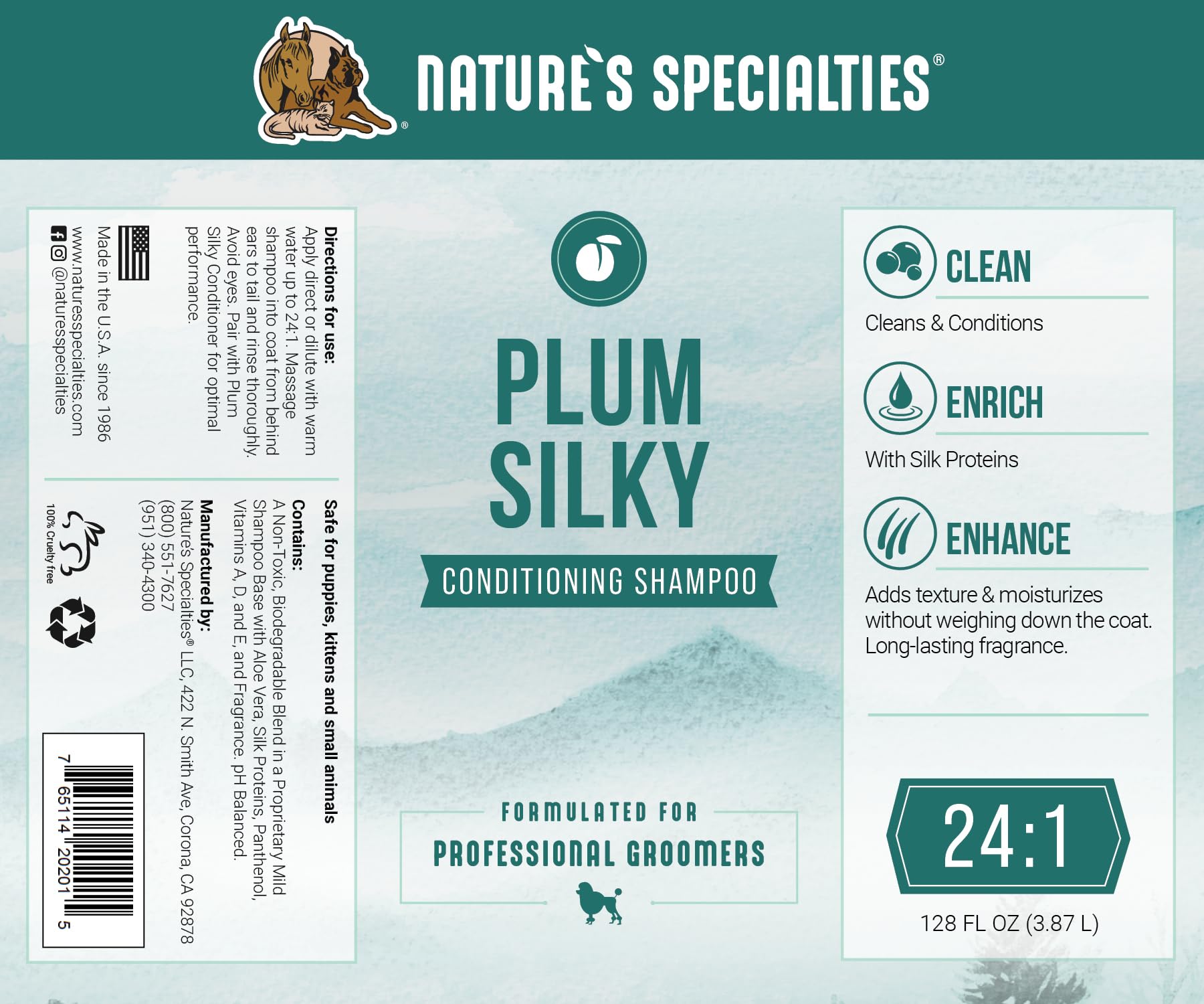 Nature's Specialties Plum Silky Ultra Concentrated Dog Shampoo & Conditioner, 1 Gal, Makes Up to 24 Gallons, Ideal for Groomers