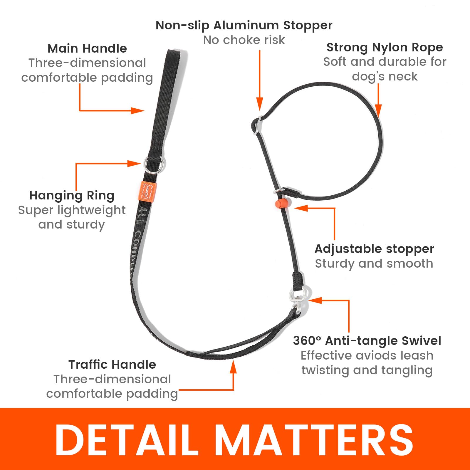 Slip Lead Dog Leash With Double Handles | Reflective Dog Training Leash With 360 Swivel Anti-Tangle | Heavy-Duty Leash And Colla