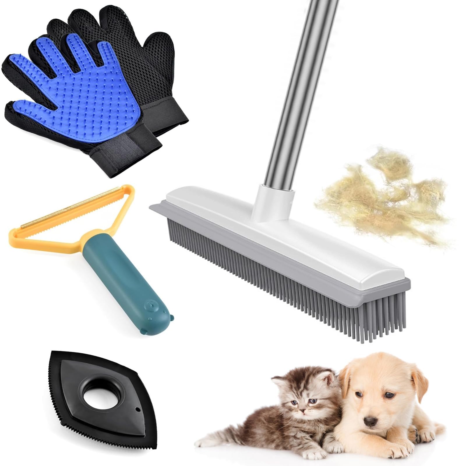 Enmaipet Carpet Rake For Pet Hair Removal, Reusable Pet Hair Remover With 48    Adjustable Long Handle, Pet Hair Remover Gloves,