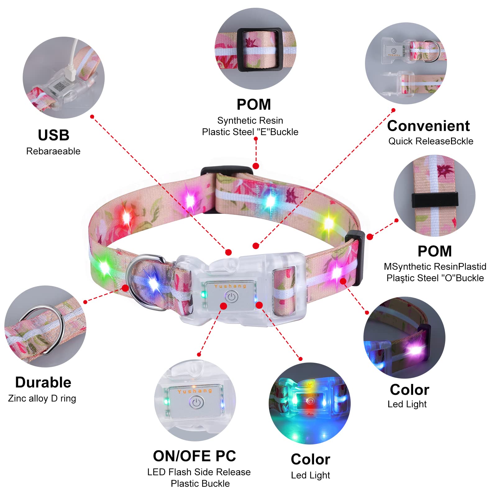 YUSHANG LED Dog Collar 2 Pack, Rechargeable Waterproof, 11-18.1" Neck, Polyester, Rose+Black, Model YS20220920