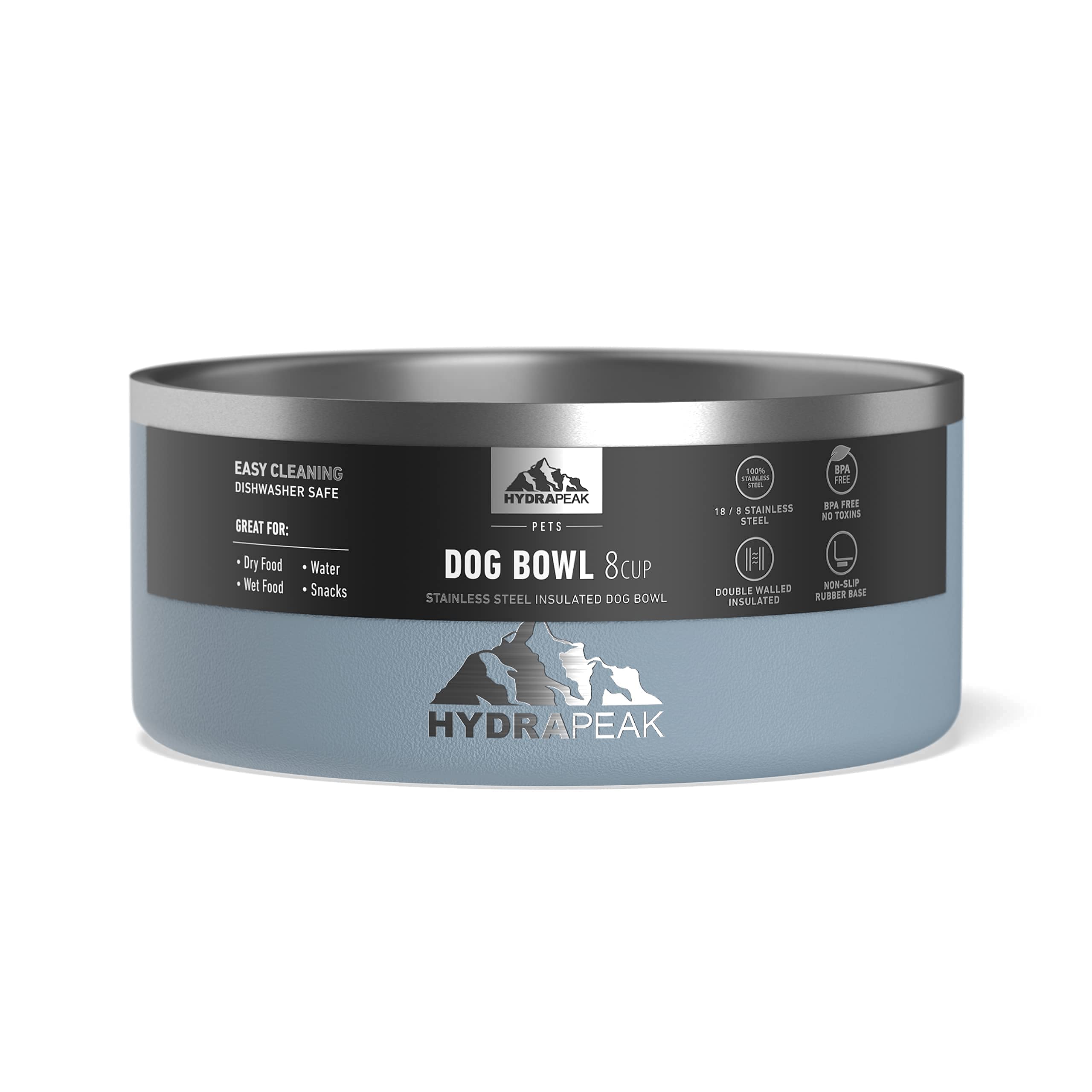 Hydrapeak Dog Bowl; Non Slip Stainless Steel; Water and Food Dish; Large Sized and Small Dogs; 32oz 64oz; Multiple Sizes | 8 Cup