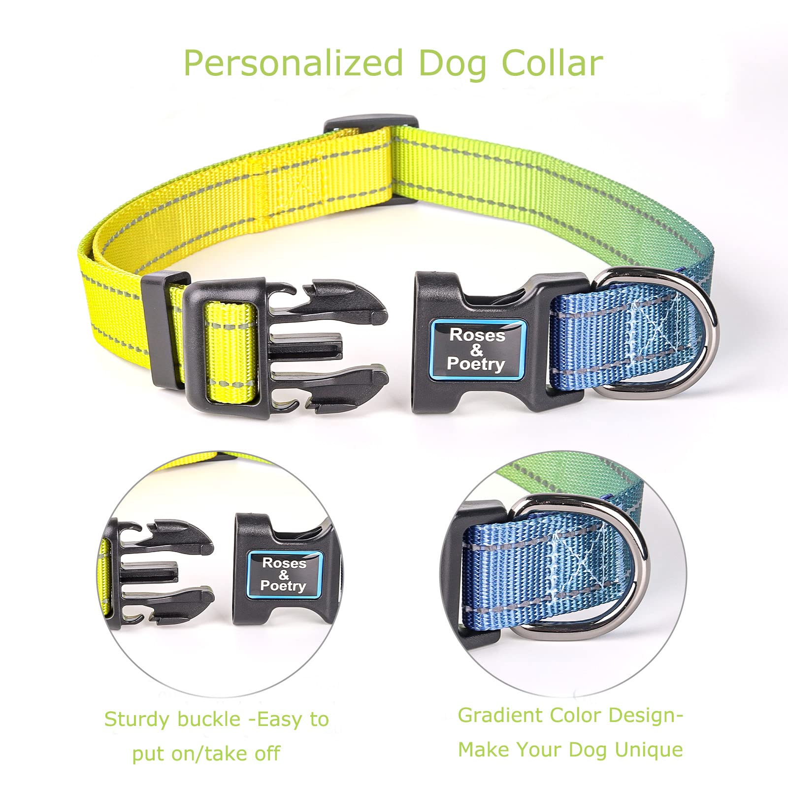 Roses&Poetry Dog Collar For Large Dogs With Gradient Amber, Yellow Reflective Dog Collar Adjustable Large Pet Collars For Small