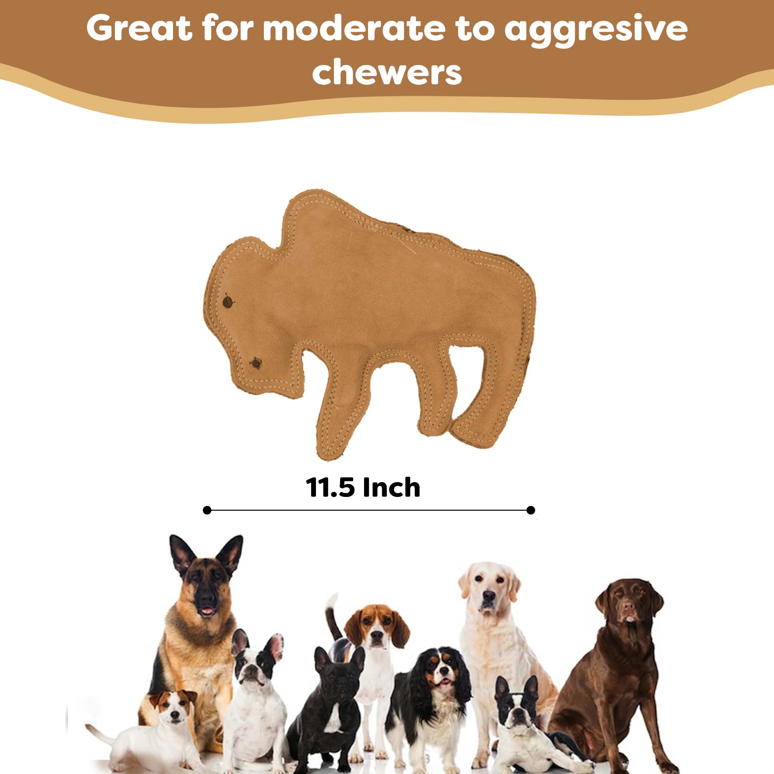 Spot Dura-Fused Leather Buffalo - Durable Squeaky Dog Toy With Real Leather & Jute Fabric, For Moderate To Aggressive Chewers, Interactive Play For Dogs & Puppies, 11.5In