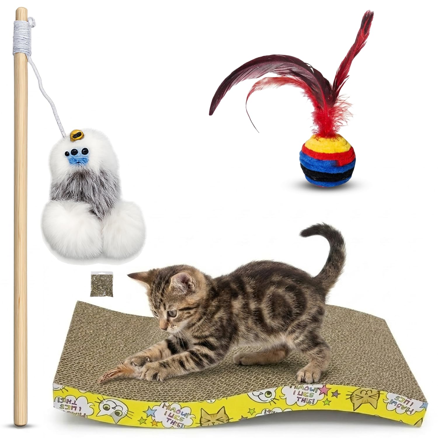 Emily Pets Cat Toy And Scratcher Set For Indoor Cats | Interactive Wand, Feather Ball And Corrugated Scratch Pad | Fun Exercise 