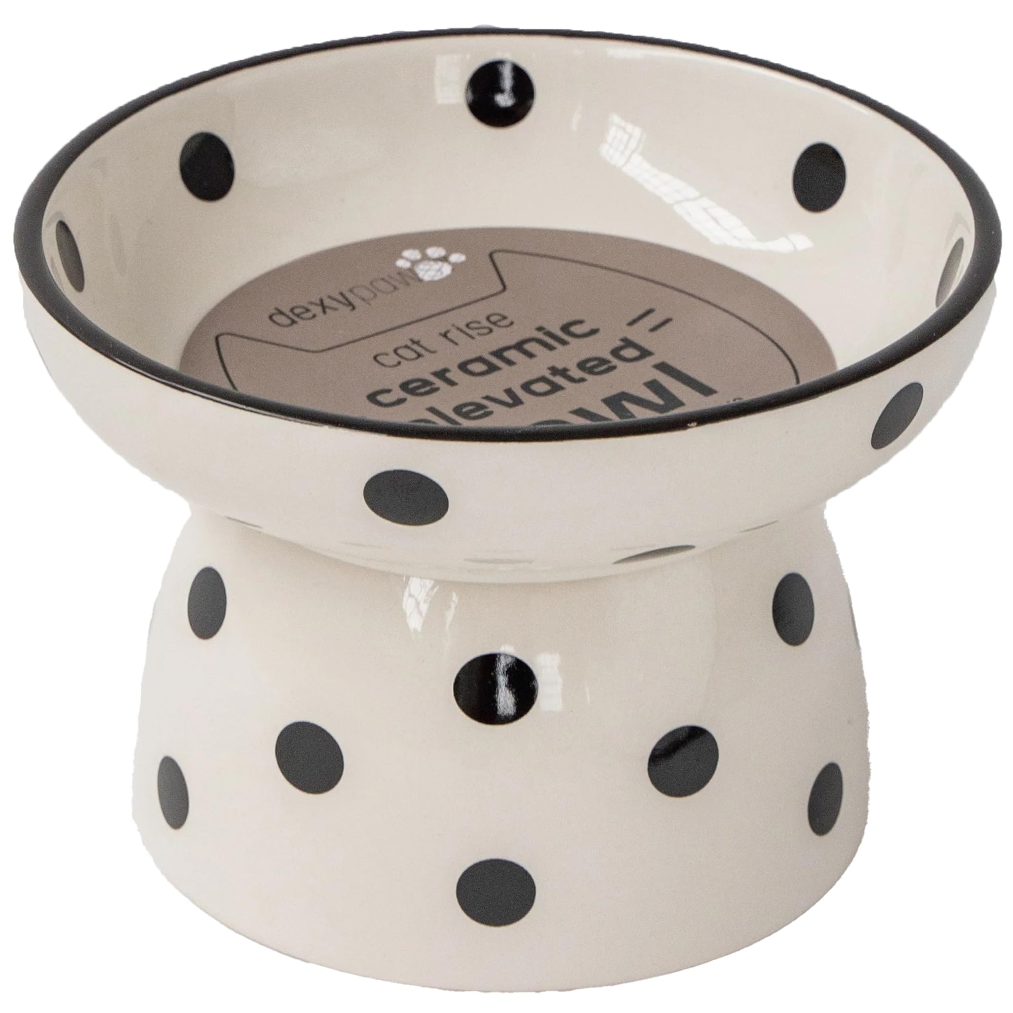 Dexypaws: Elevated Ceramic Cat Bowl - White & Black Polka Dots - 8.7oz, Stylish Pet Meal Feeding Dish, Meals, Food & Water, Ergo