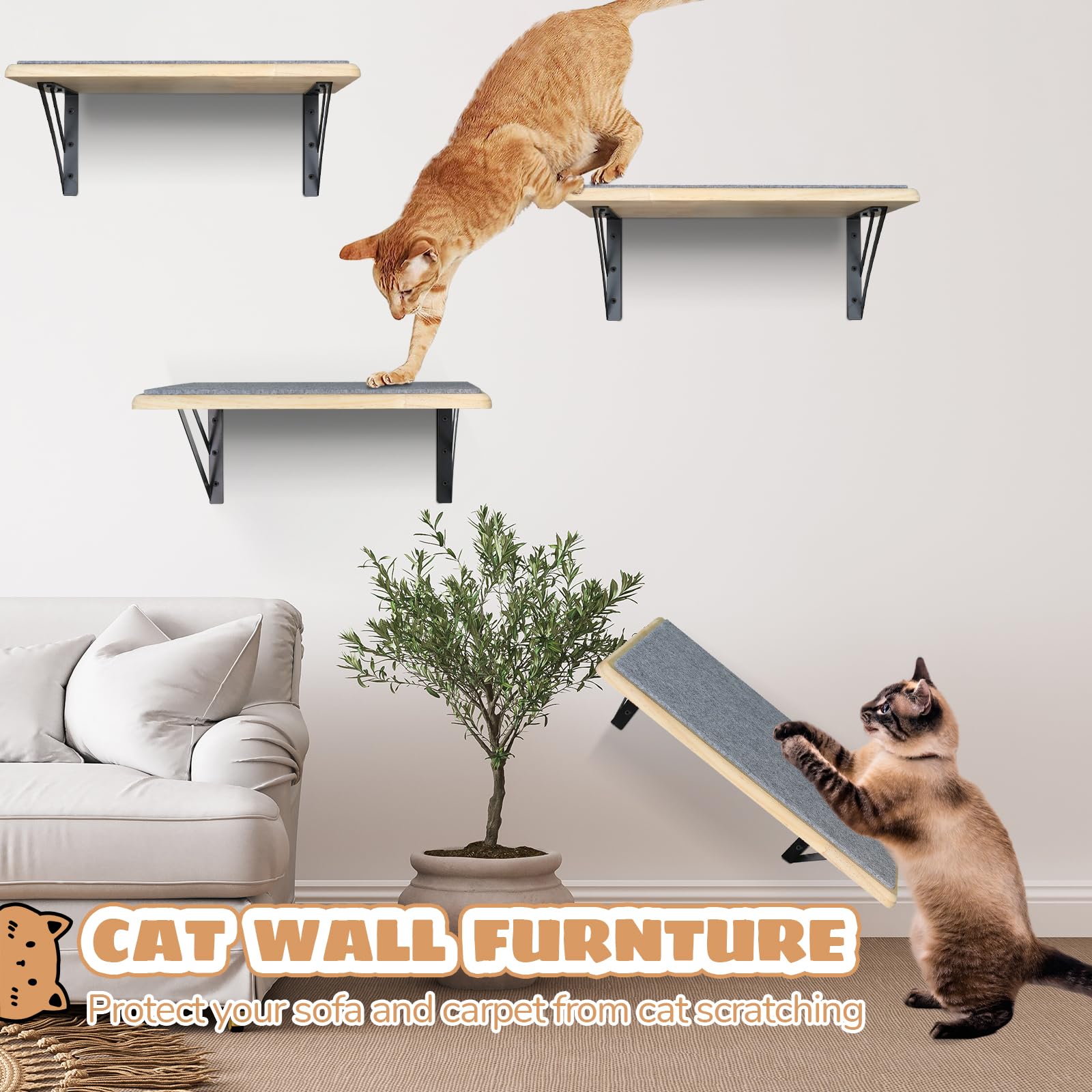 Cat Wall Shelves Set Of 4, Wood Cat Shelves For Wall, Cat Wall Bed Hammock With Scratching Pad, Cat Climbing Shelf For Sleeping