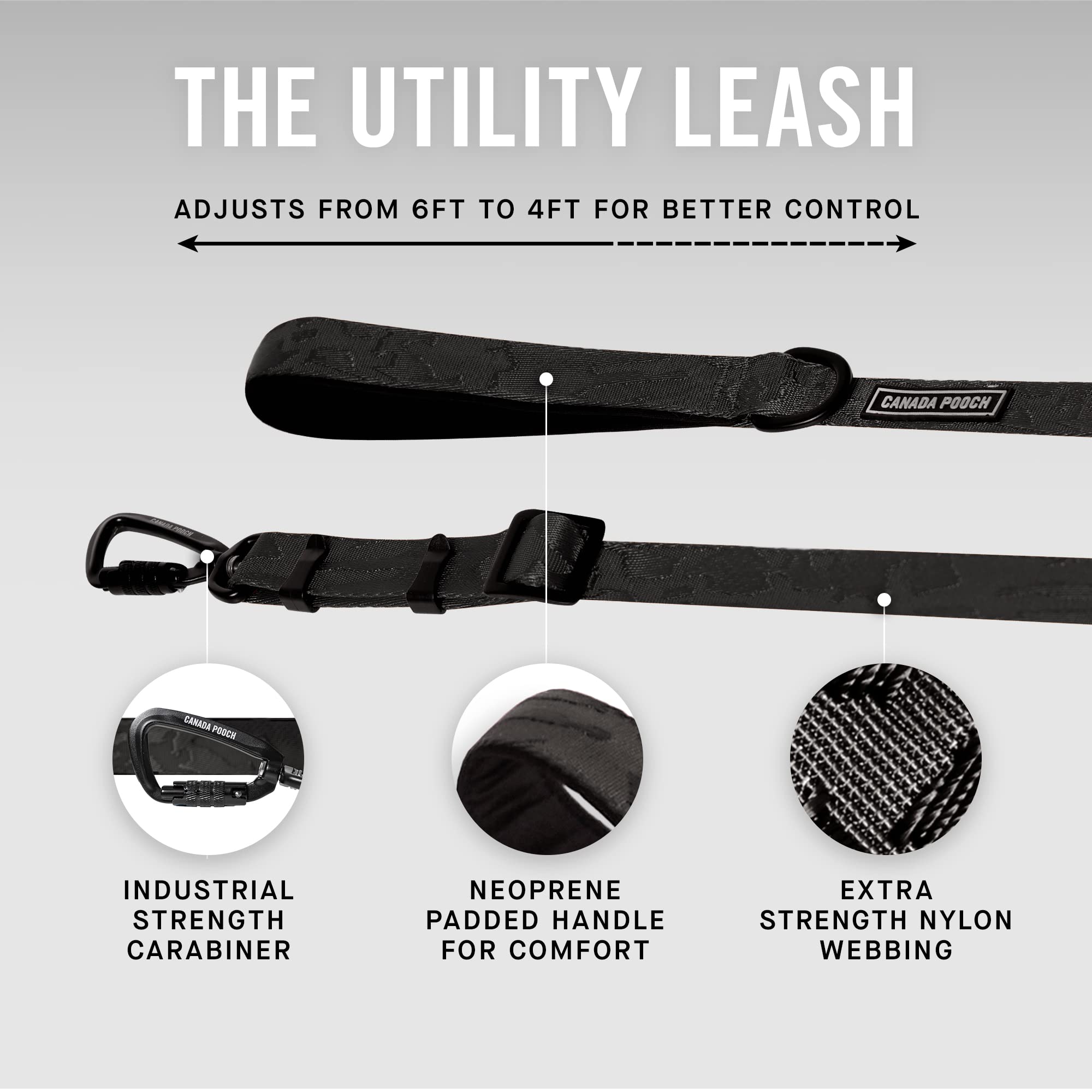 Canada Pooch Dog Utility Leash - Durable Nylon Heavy Duty Dog Leash With Neoprene Padded Handle | 4Ft To 6Ft Adjustable Dog Leash With Extra Strength Carabiner For Collar