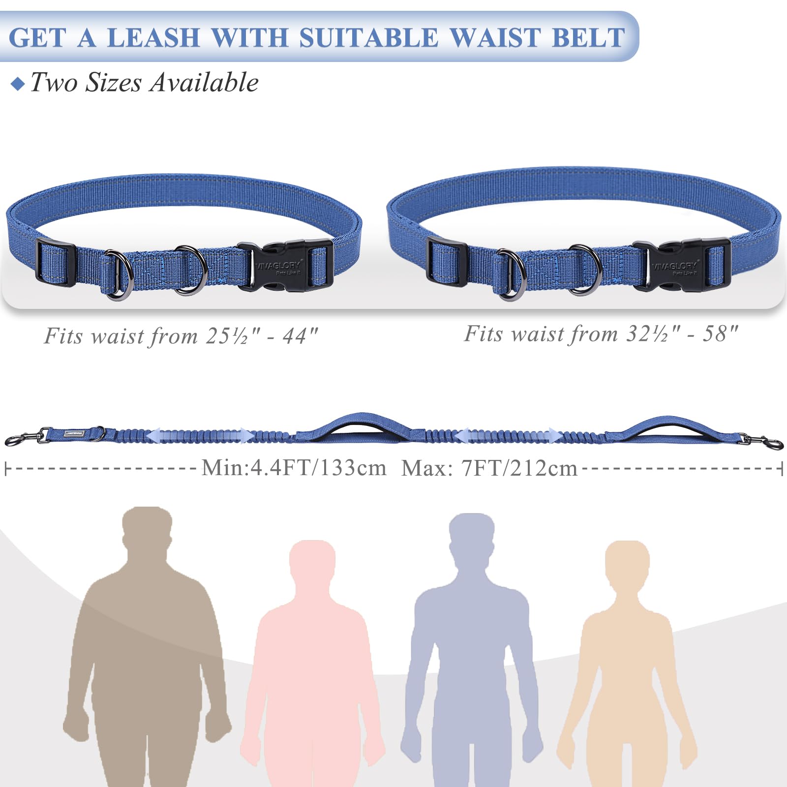 Vivaglory Hands Free Dog Leash With Dual Advanced Anti-Shock Bungees And Padded Handles, Reflective Waist Running Leash With Adjustable Belt For Training Jogging For Medium Large Dogs, Navy Blue/Black