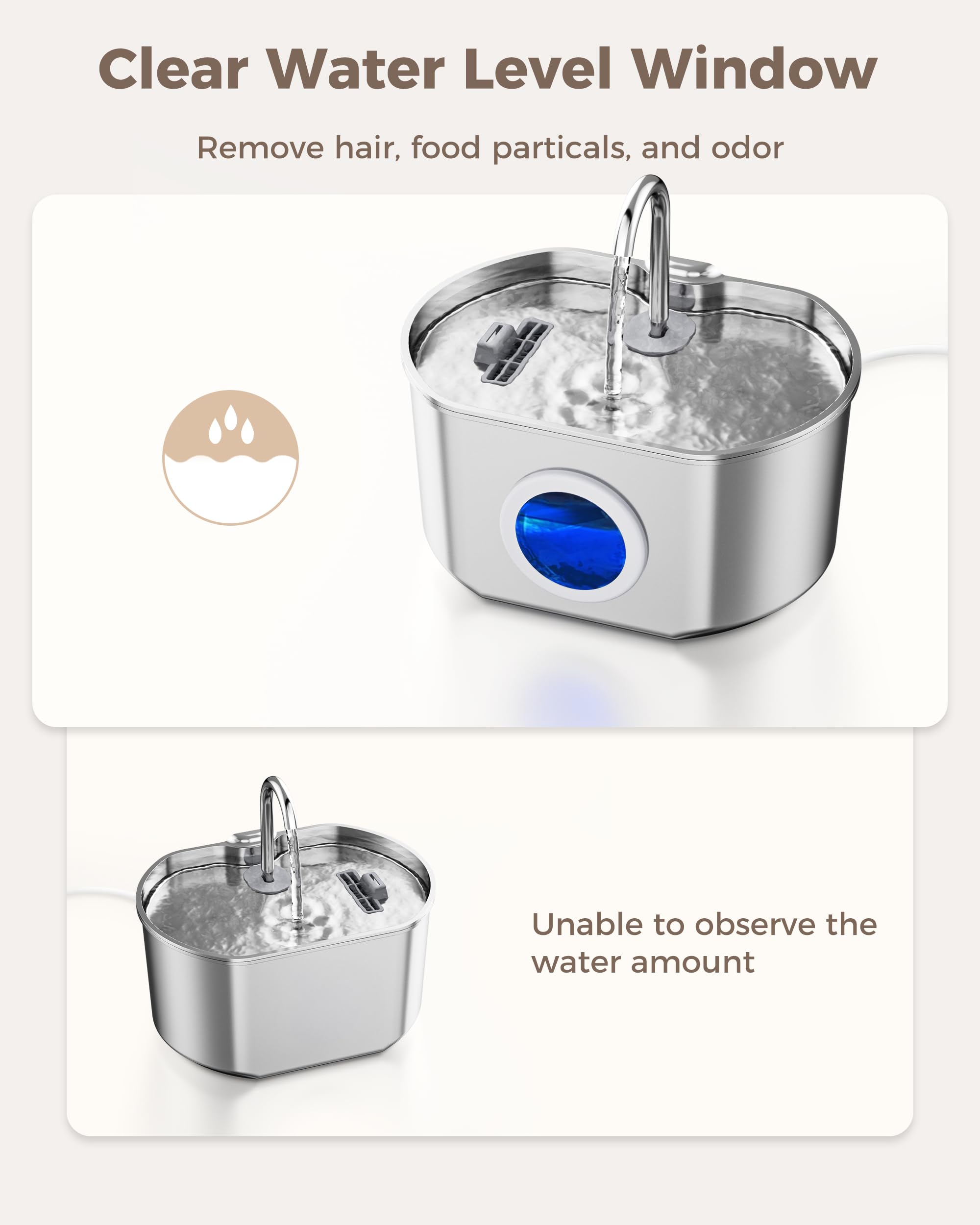 Cat Water Fountain Stainless Steel: 74oz/2.2L Cat Fountain for Drinking- Pet Water Fountain Inside - Automatic Dog Watering Disp