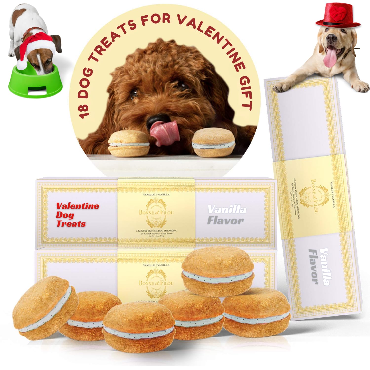 Bonne et Filou Dog Treats Vanilla Cupcakes, Dog Birthday Gift for Medium to Large Breed - Gourmet Macaron Cakes, 18 Count Bulk P
