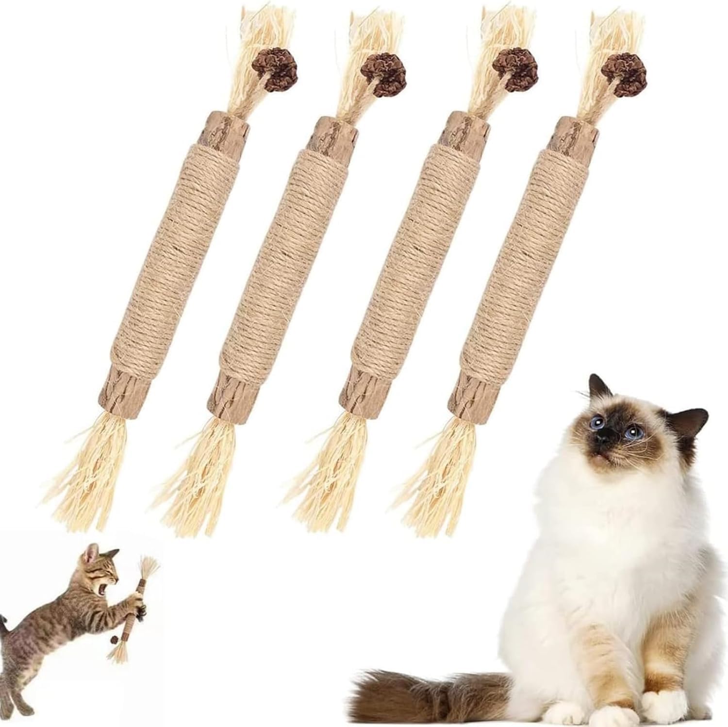 4 Pack Natural Silvervine Sticks Cat Toys, Catmint Silvervine Blend Sticks, Catnip Kittens Chew Toys Teeth Cleaning, Matatabi De