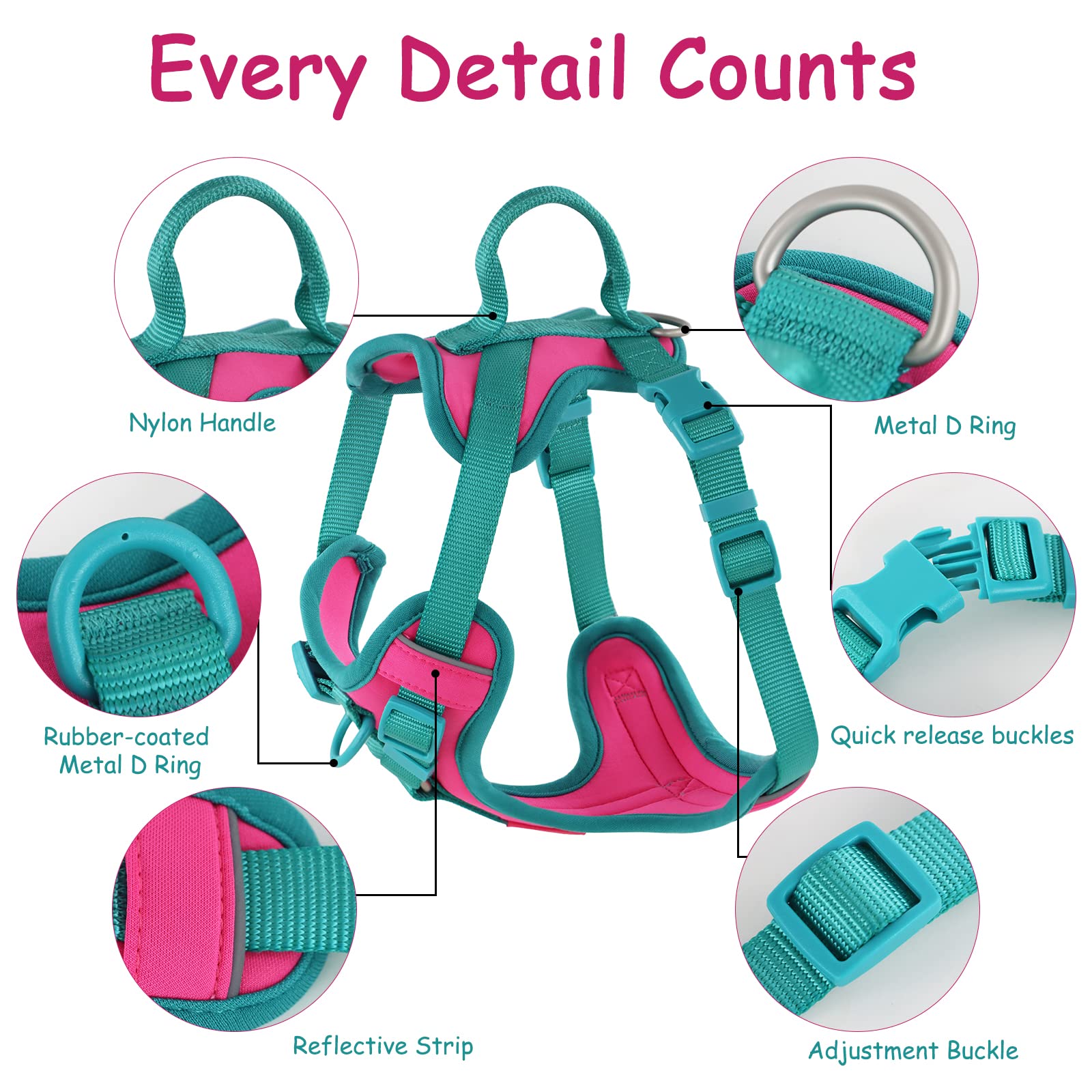 Wolfone No Pull Dog Harness Adjustable Soft Padded Pet Vest With Control Handle Adorable Daily Harness For Dogs(Pink Peacock Xl)